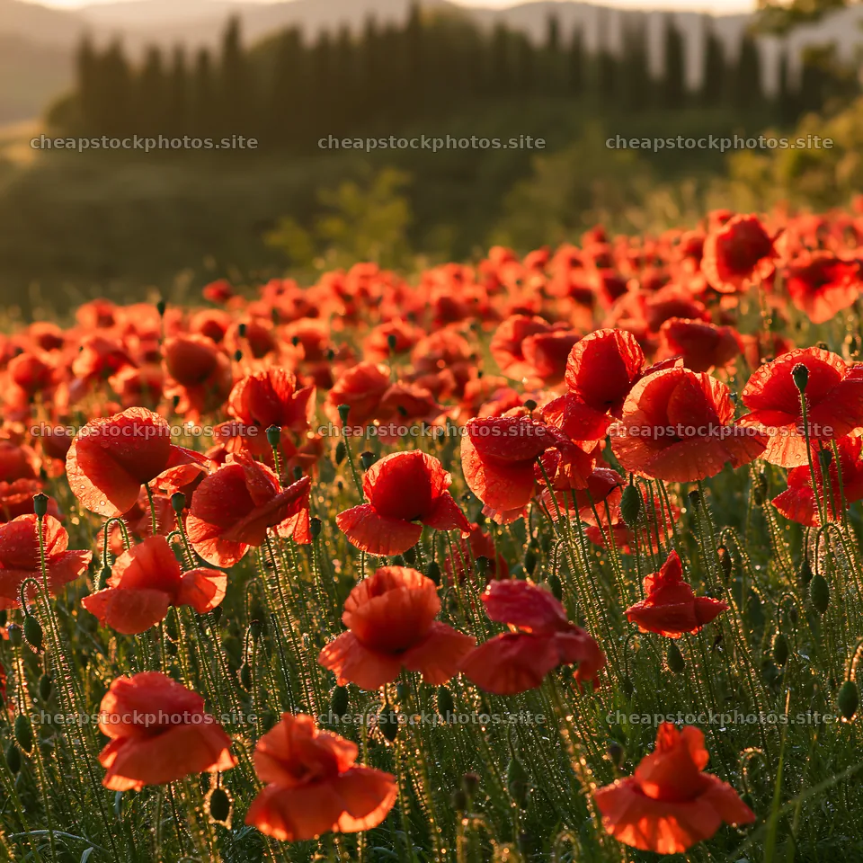 Rainwashed meadow with red poppy flowers under sunlight – stock photos 7938x7938