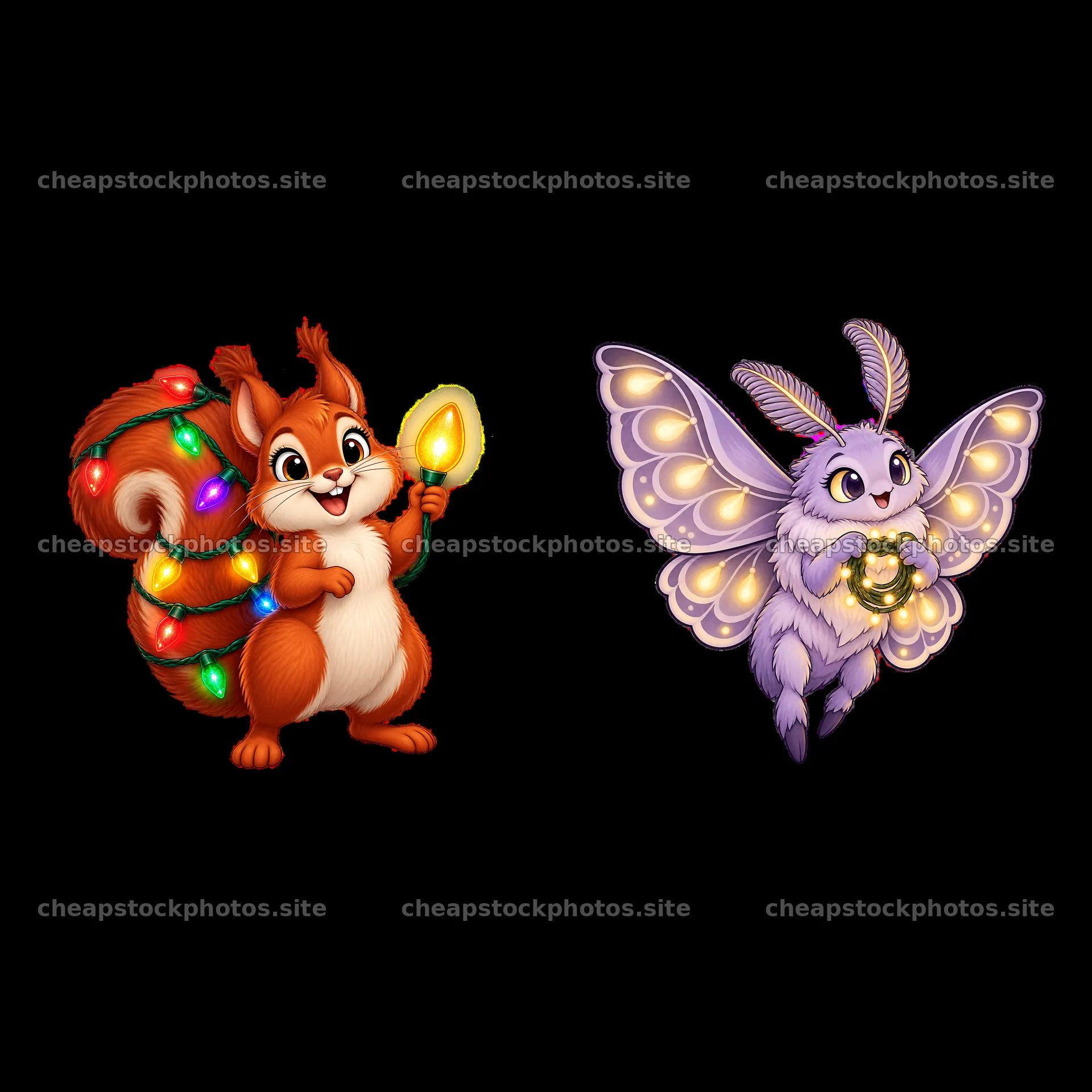 Squirrel holds string light and butterfly glows with jar – stock photos 7746x7746