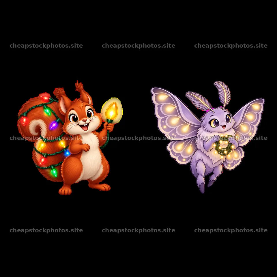 Squirrel holds string light and butterfly glows with jar – stock photos 7746x7746