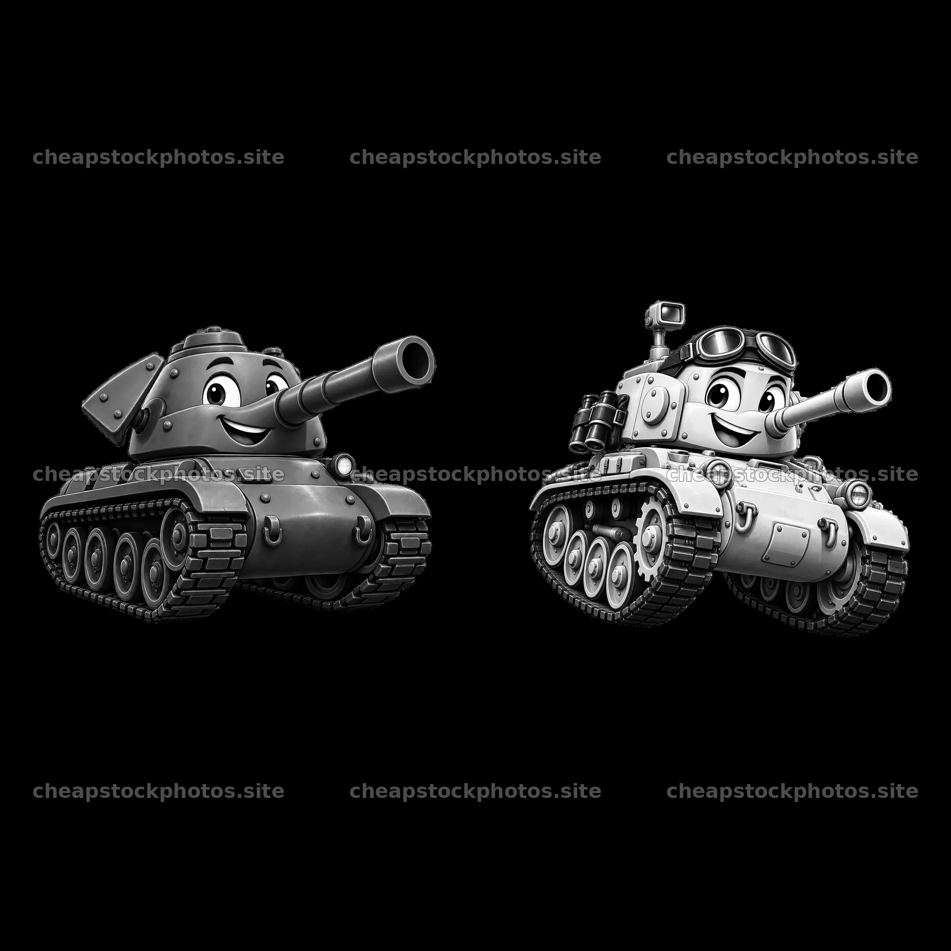 Cartoon tanks with smiling faces and playful features – stock photos 7746x7746