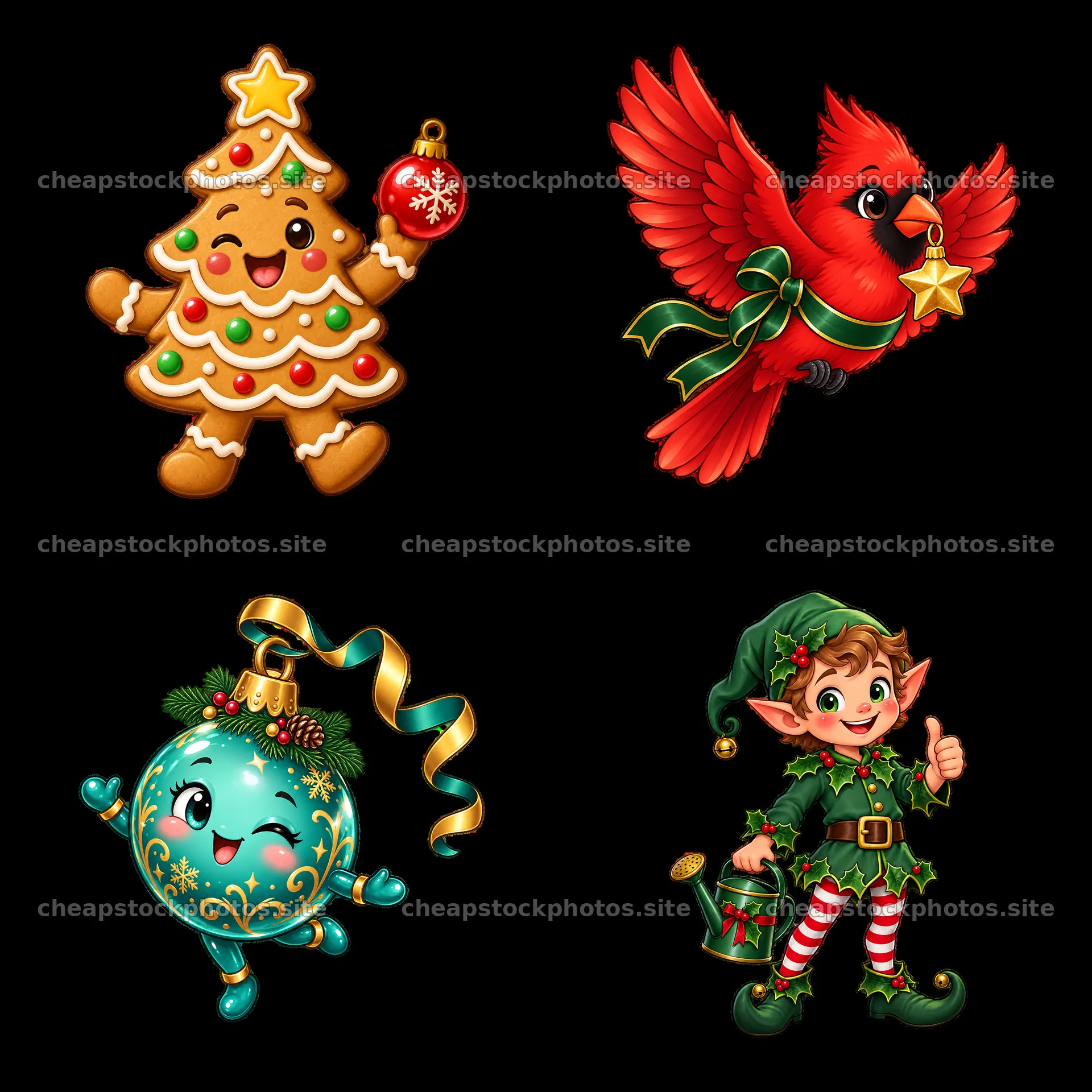 Christmas tree, cardinal, ornament, and elf cartoon stickers – stock photos 7746x7746