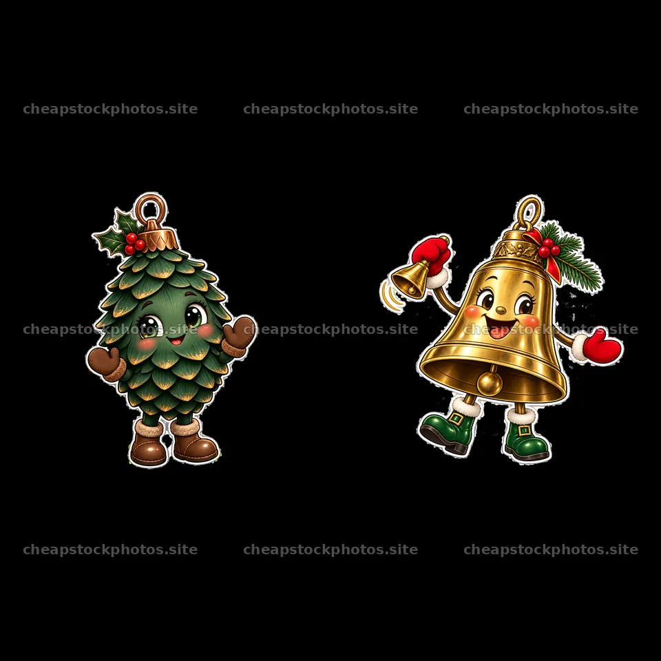 Cheerful pine cone and bell characters for Christmas decorations – stock photos 7746x7746