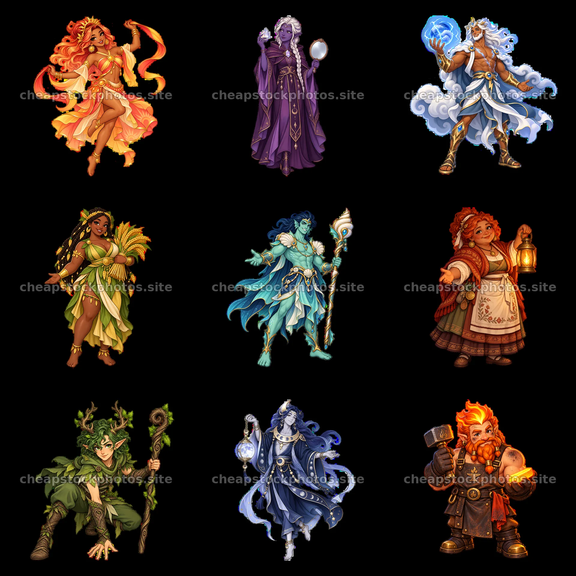 Pagan gods cartoon characters in a 3x3 grid layout – stock photos 7746x7746
