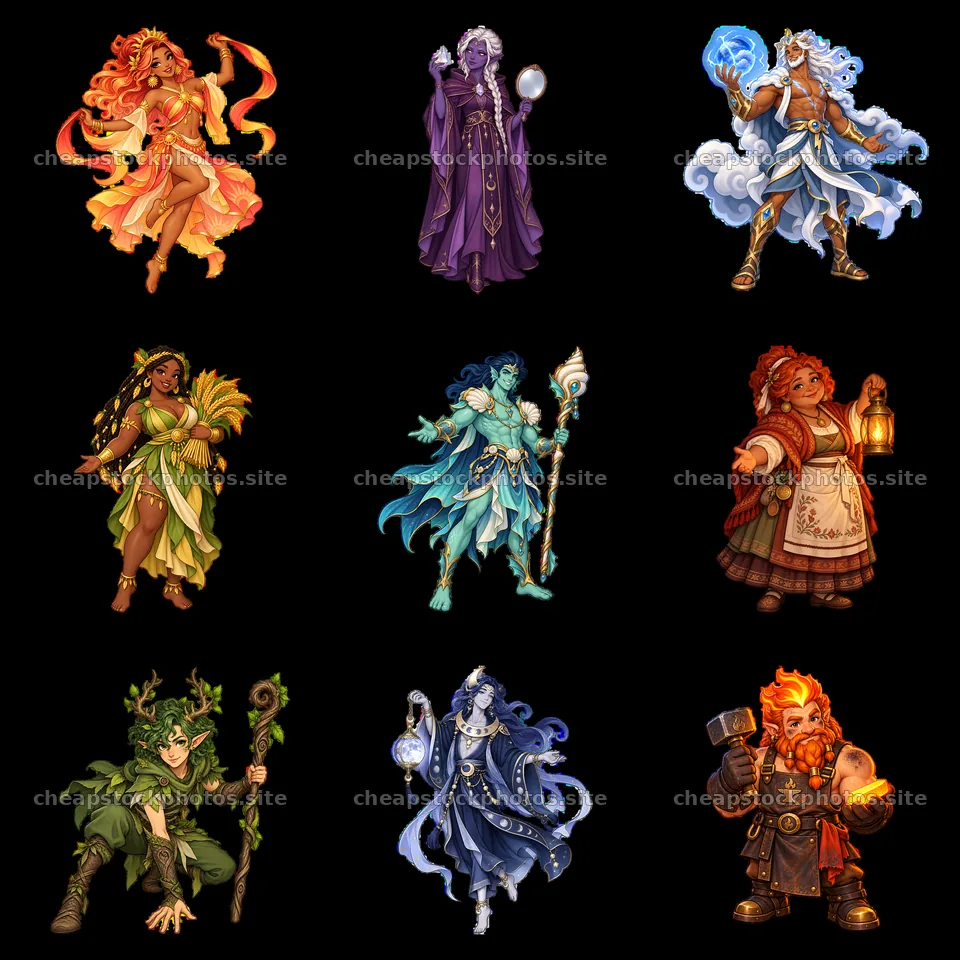 Pagan gods cartoon characters in a 3x3 grid layout – stock photos 7746x7746