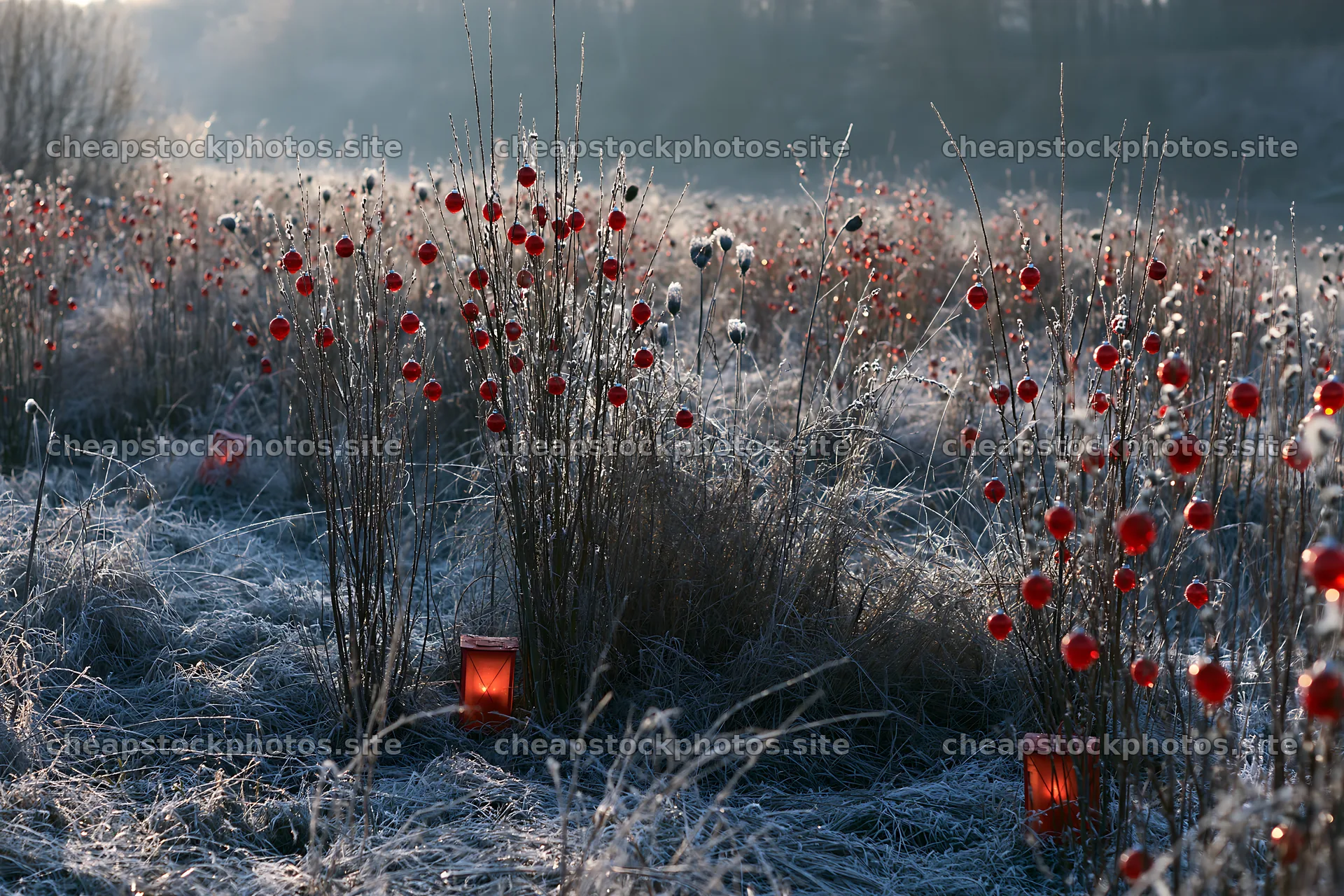 Frosty meadow with seedheads and festive lanterns – stock photos 9722x6480