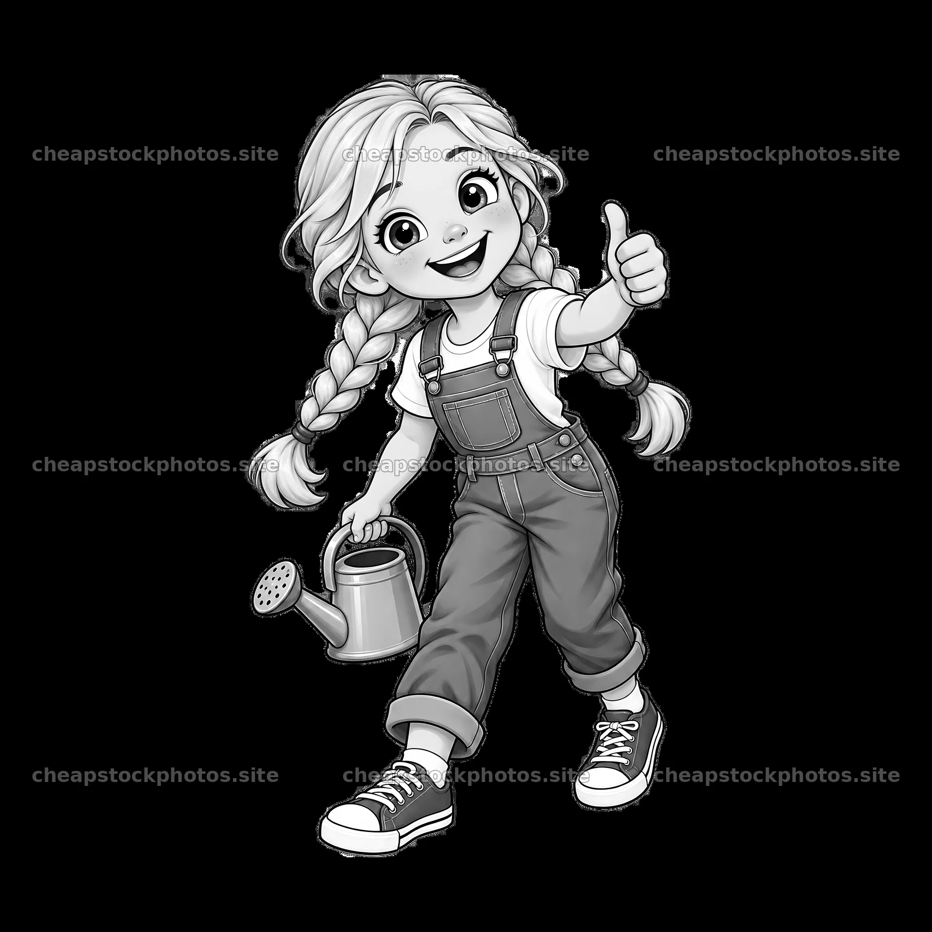 Blond child with watering can and thumbs up sign – stock photos 7746x7746