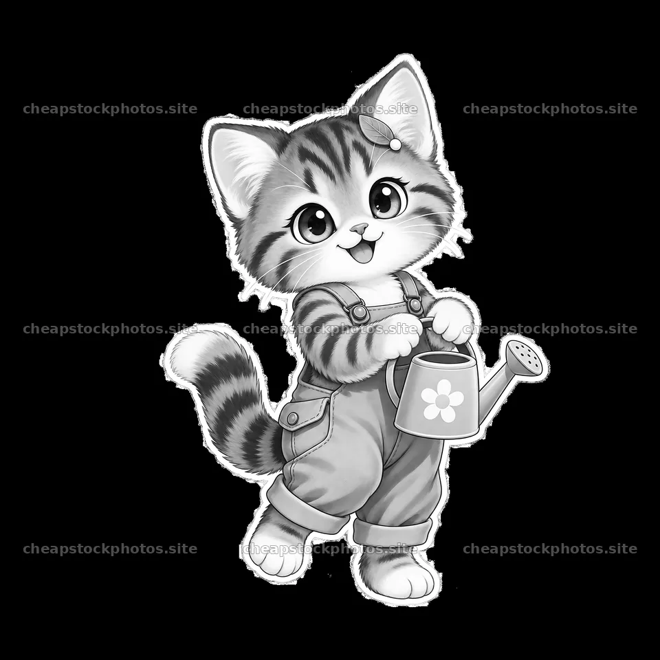 Kawaii cat in overalls holding a watering can – stock photos 7746x7746