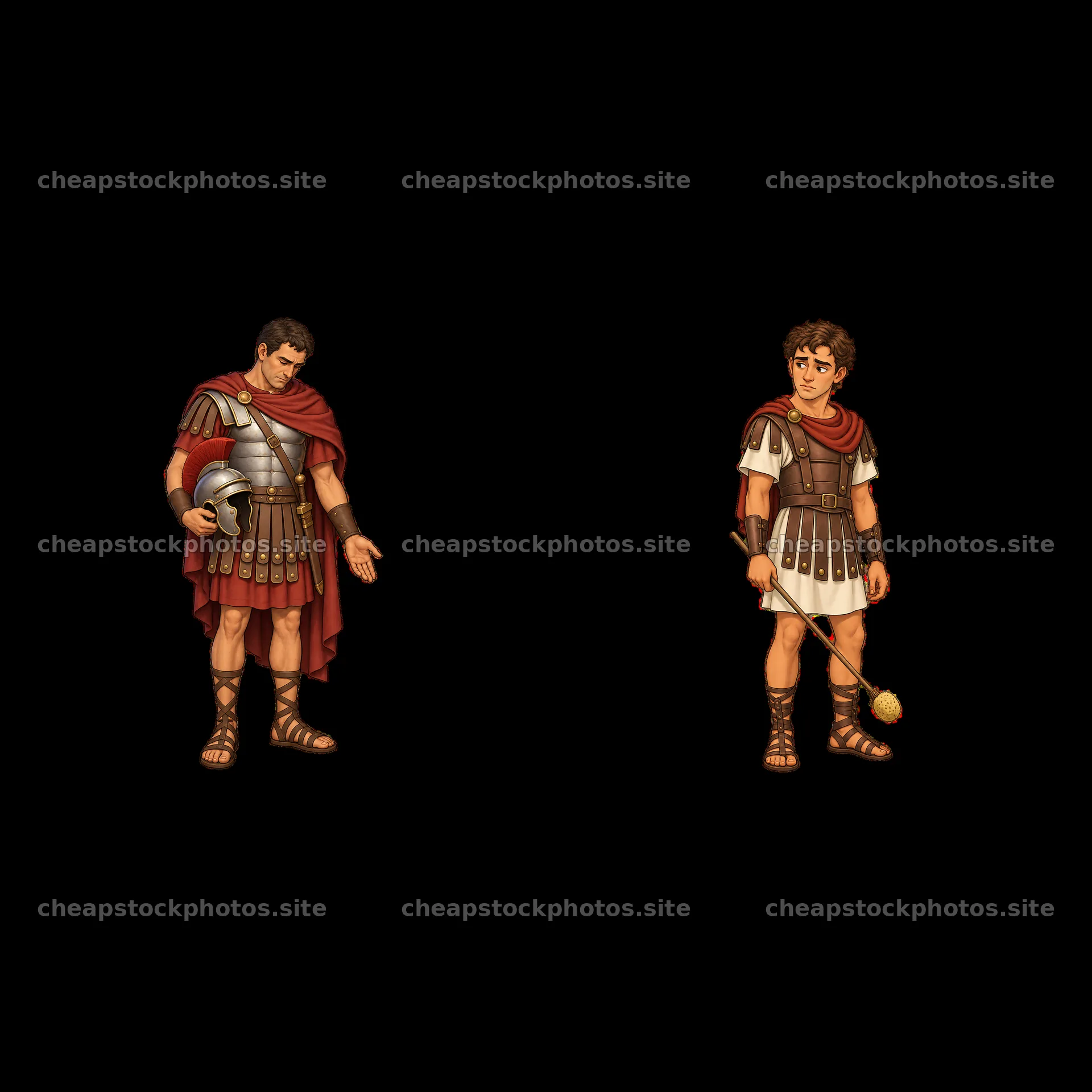 Roman soldier and young boy discussing a ball game – stock photos 7746x7746