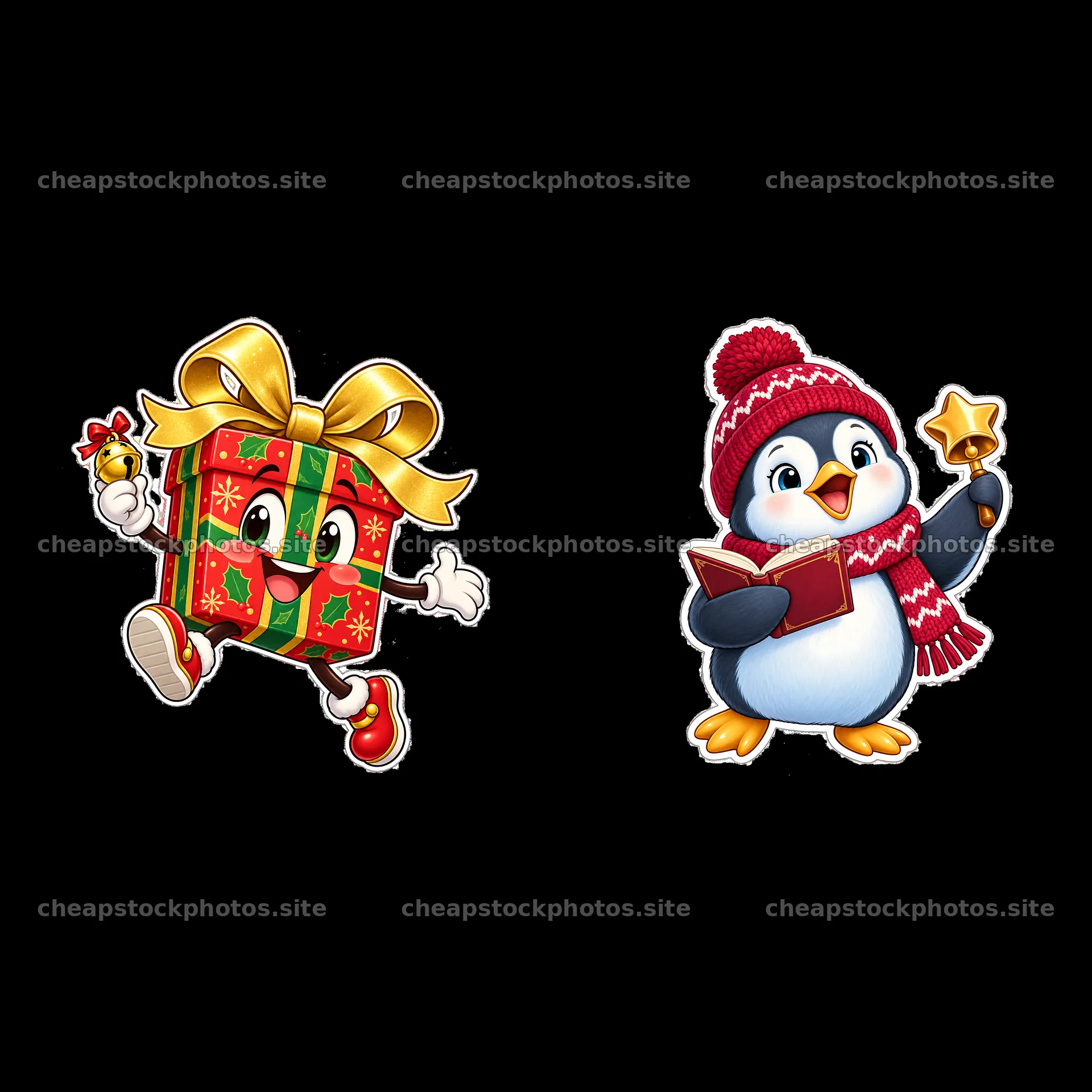 Christmas gift and singing penguin cartoon stickers – stock photos 7746x7746