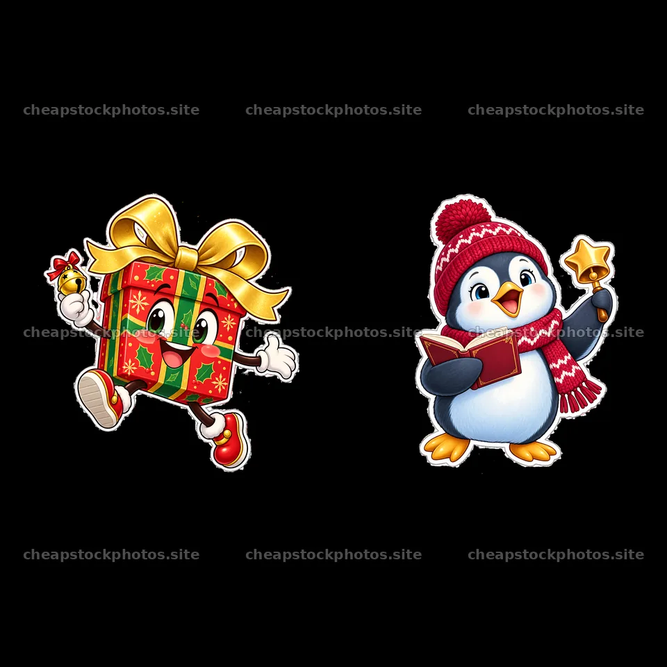 Christmas gift and singing penguin cartoon stickers – stock photos 7746x7746