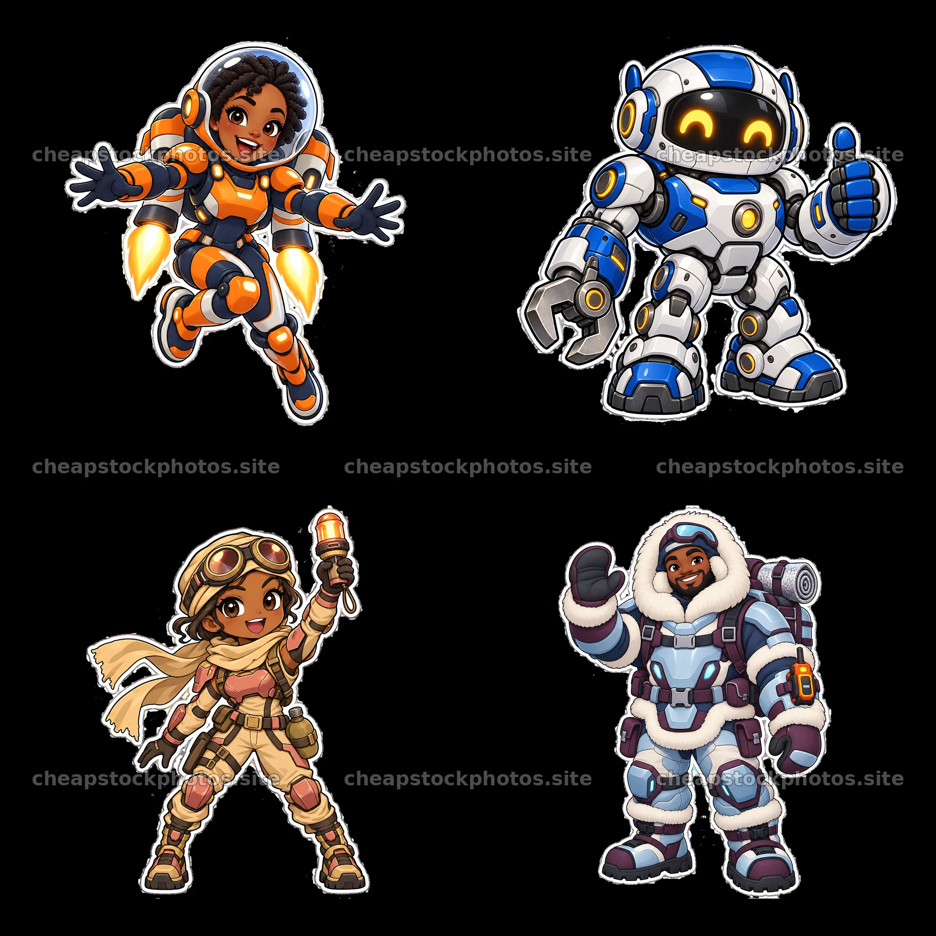 Kawaii futuristic super-soldier cartoon stickers in a grid layout – stock photos 7746x7746