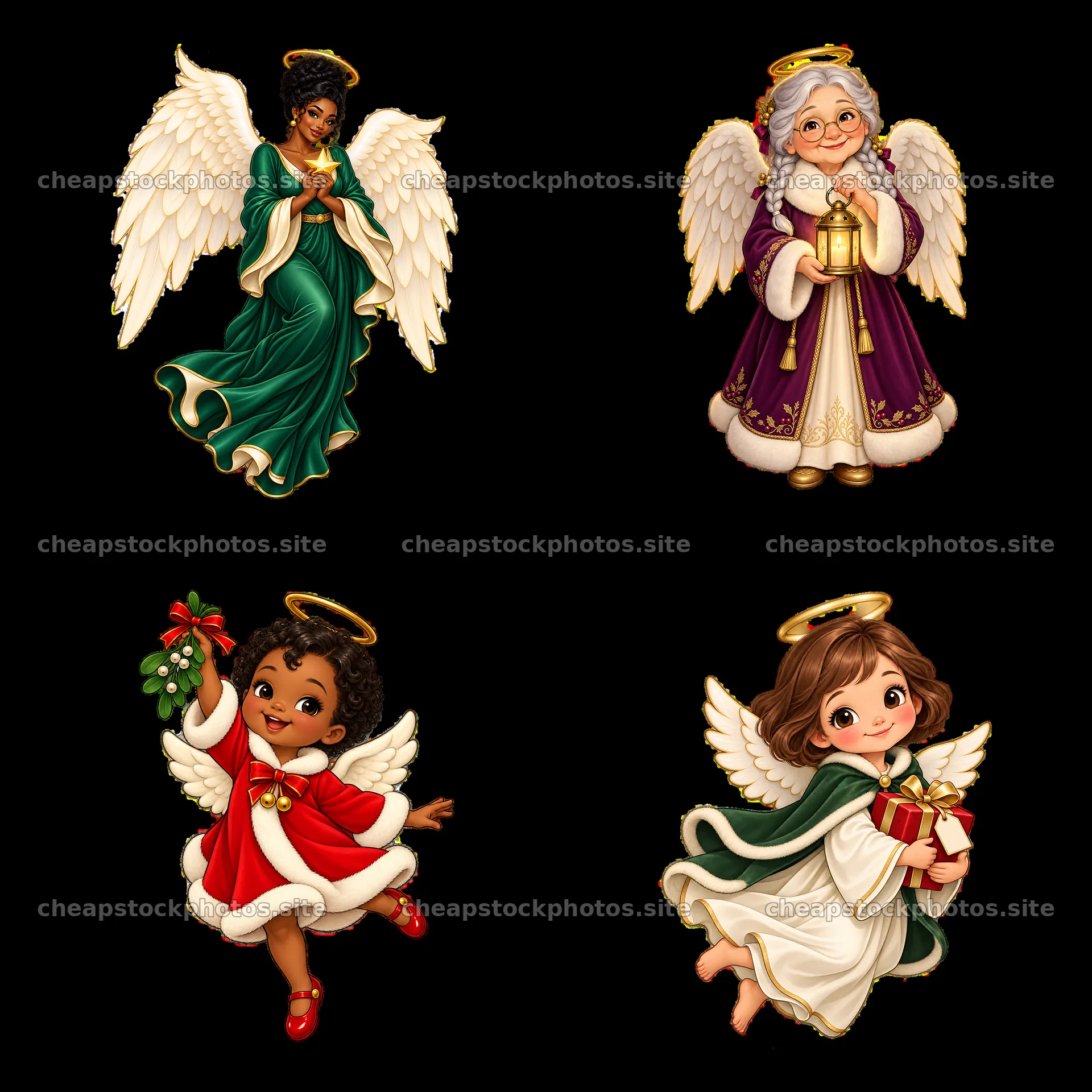 Four Christmas angels in festive attire holding props – stock photos 7746x7746