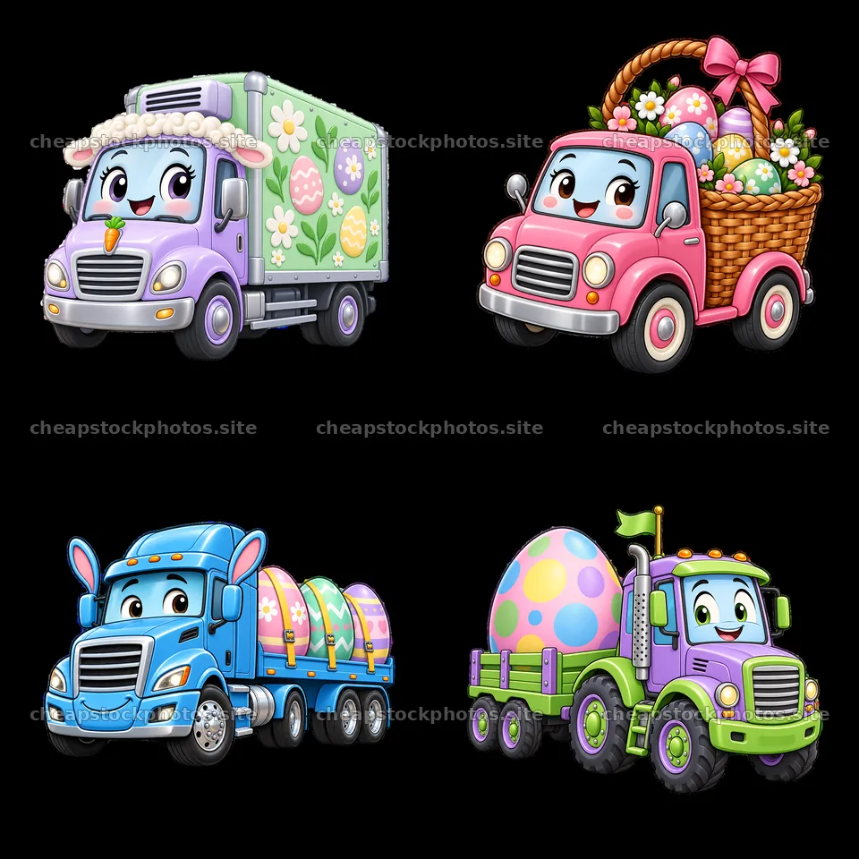 Easter truck collection with cute vehicles and colorful eggs – stock photos 7746x7746