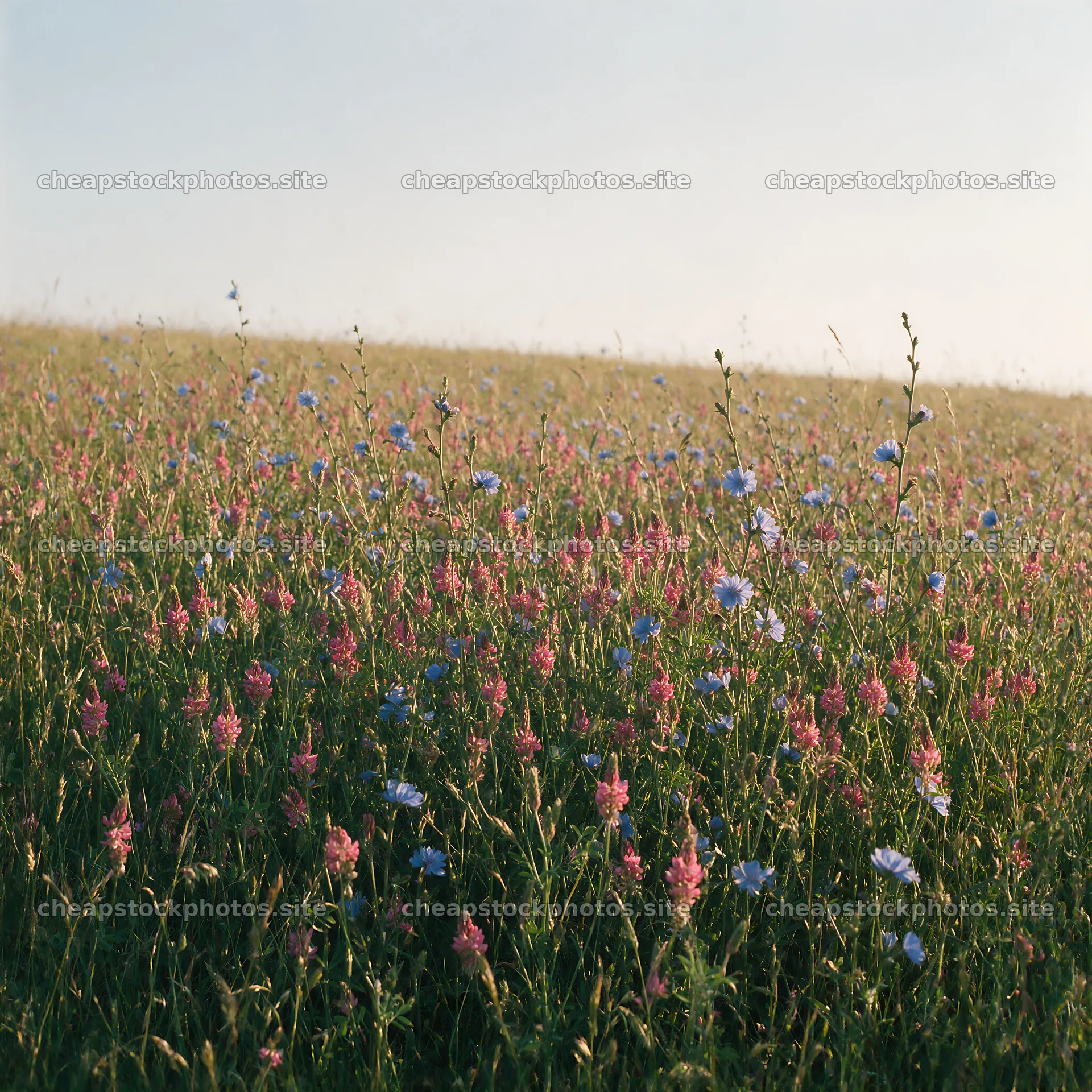 Sainfoin chicory meadow with wildflowers in sunny landscape – stock photos 7938x7938