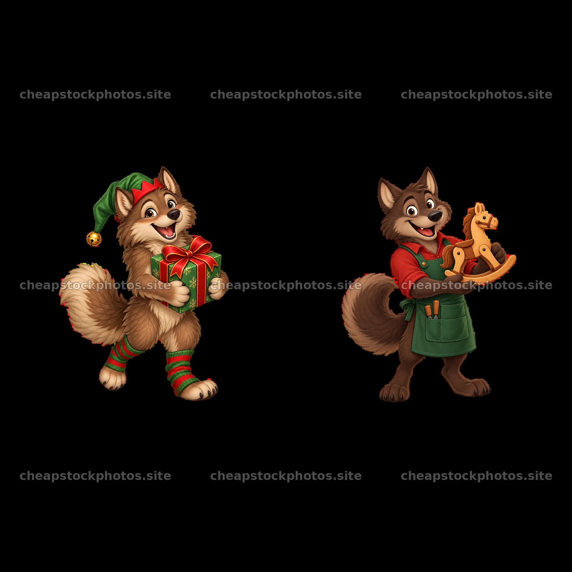 Christmas wolf characters with gifts and toys – stock photos 7746x7746