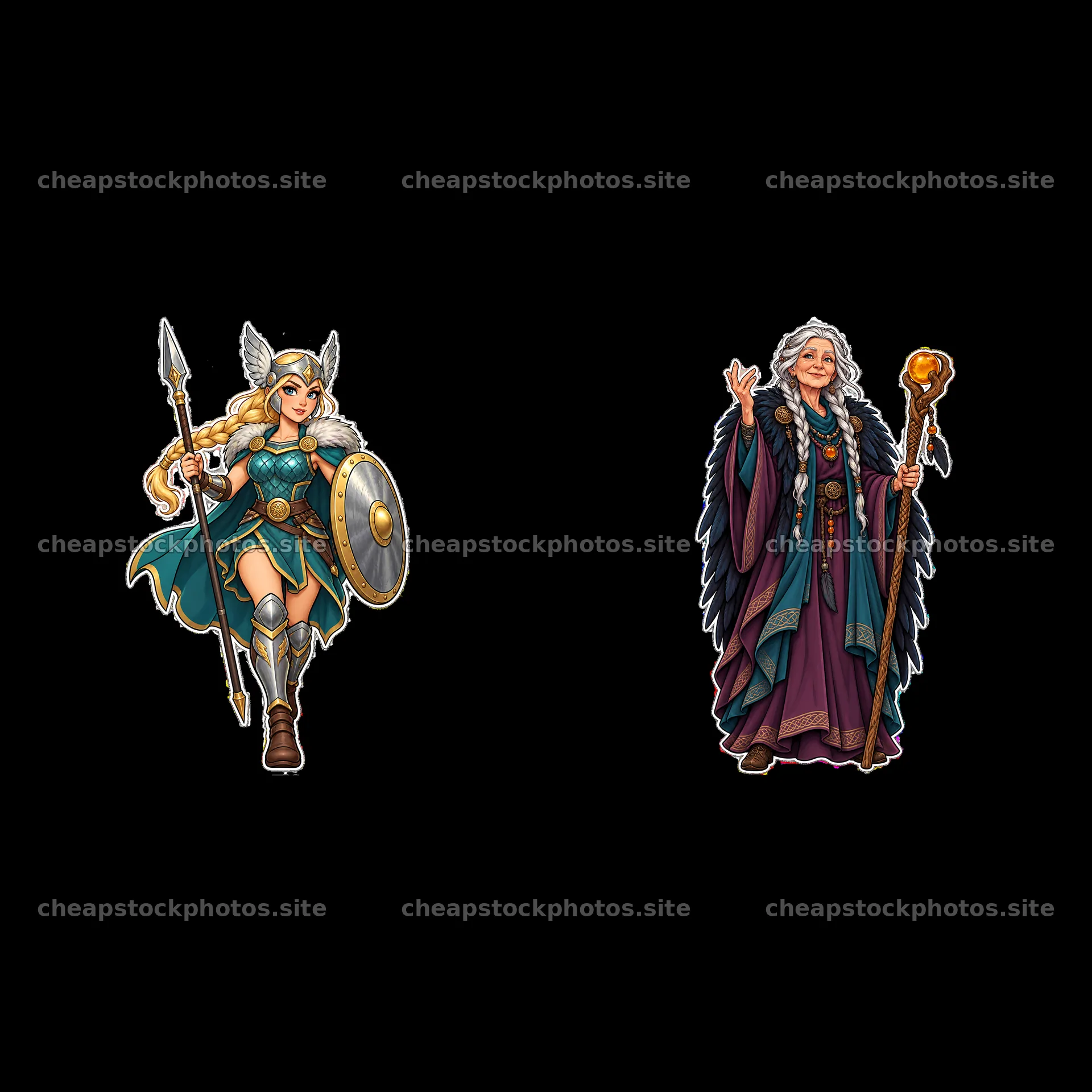 Odin and Valkyrie character stickers with weapons and symbols – stock photos 7746x7746