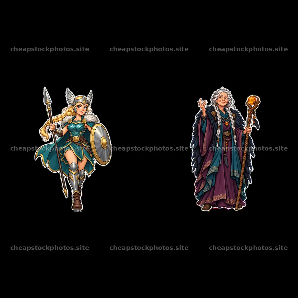 Odin and Valkyrie character stickers with weapons and symbols – stock photos 7746x7746