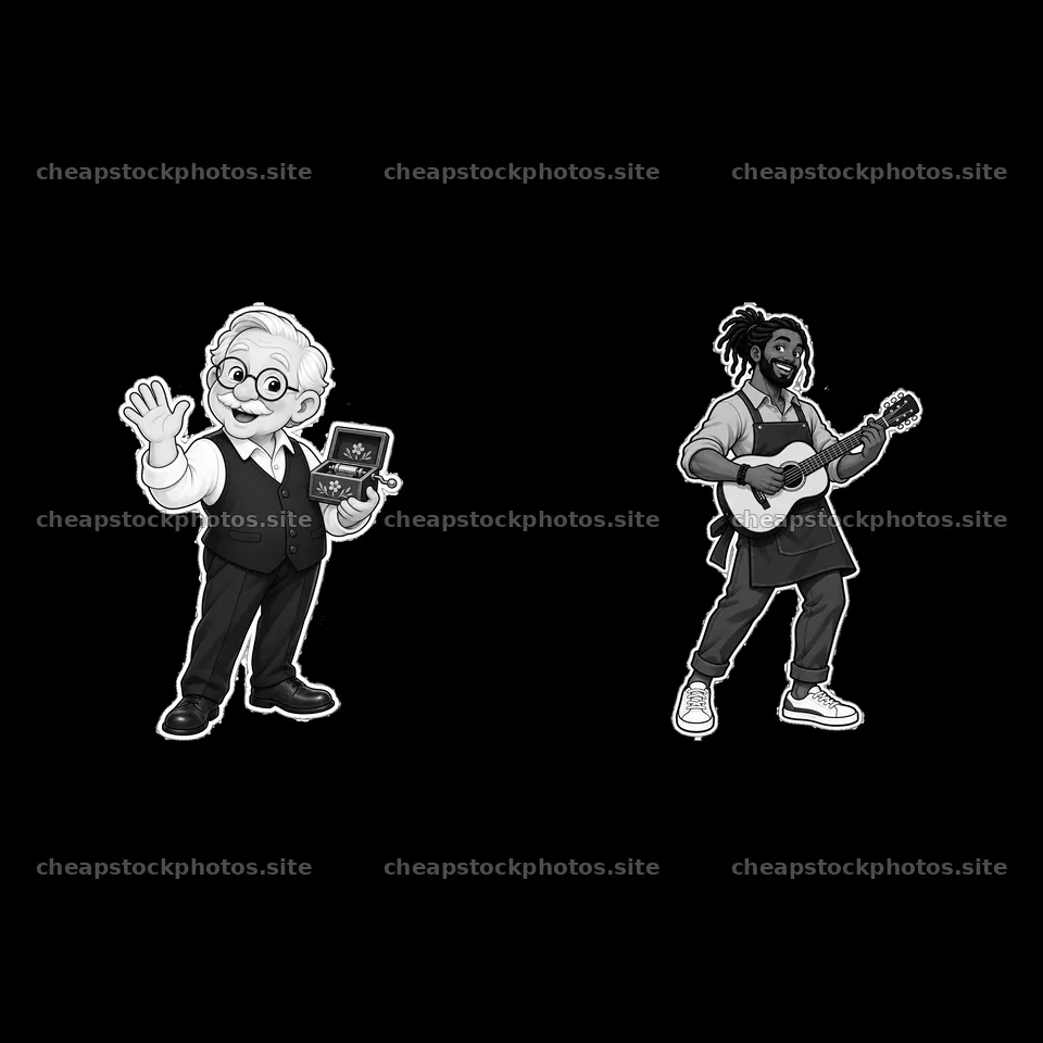Elderly man showing a box and a musician playing guitar – stock photos 7746x7746