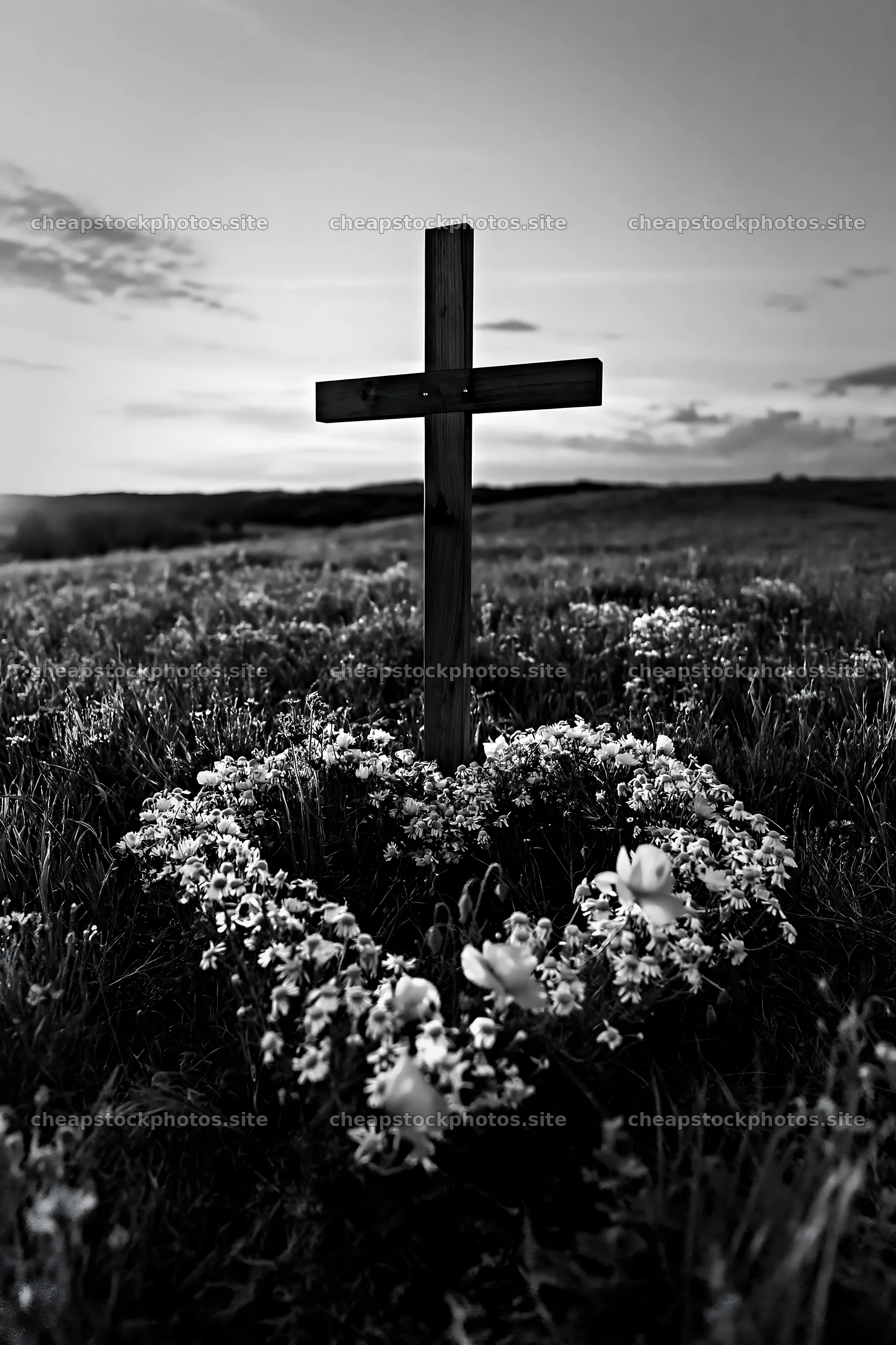 Christian cross in meadow with flowers at sunrise – stock photos 6480x9722
