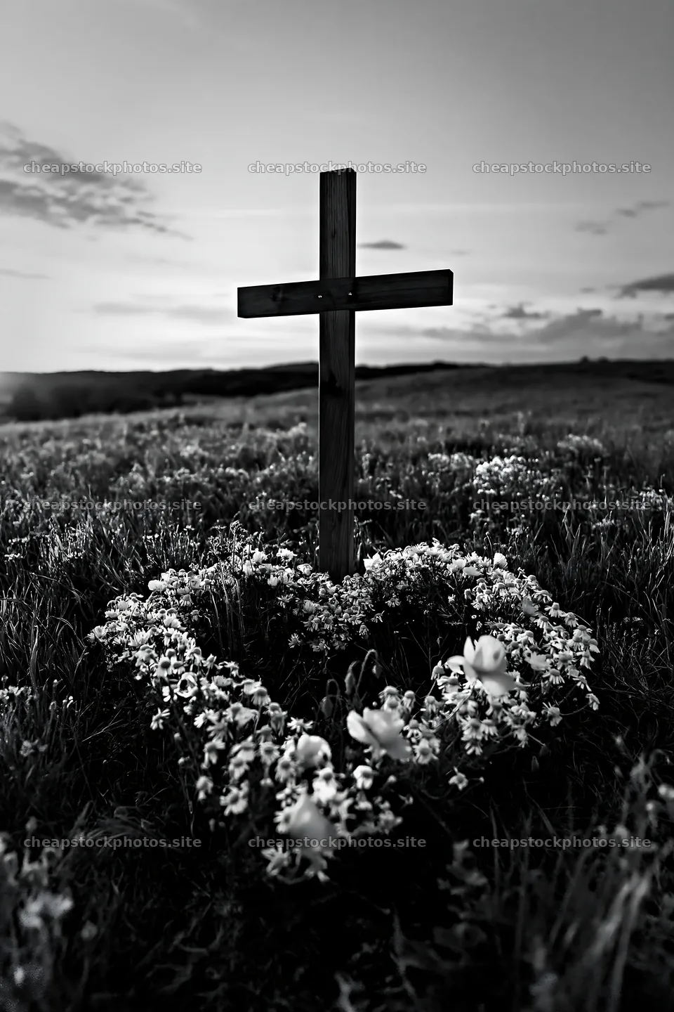Christian cross in meadow with flowers at sunrise – stock photos 6480x9722