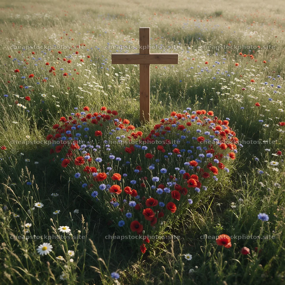 Christian cross with flowers in meadow at sunset – stock photos 7938x7938