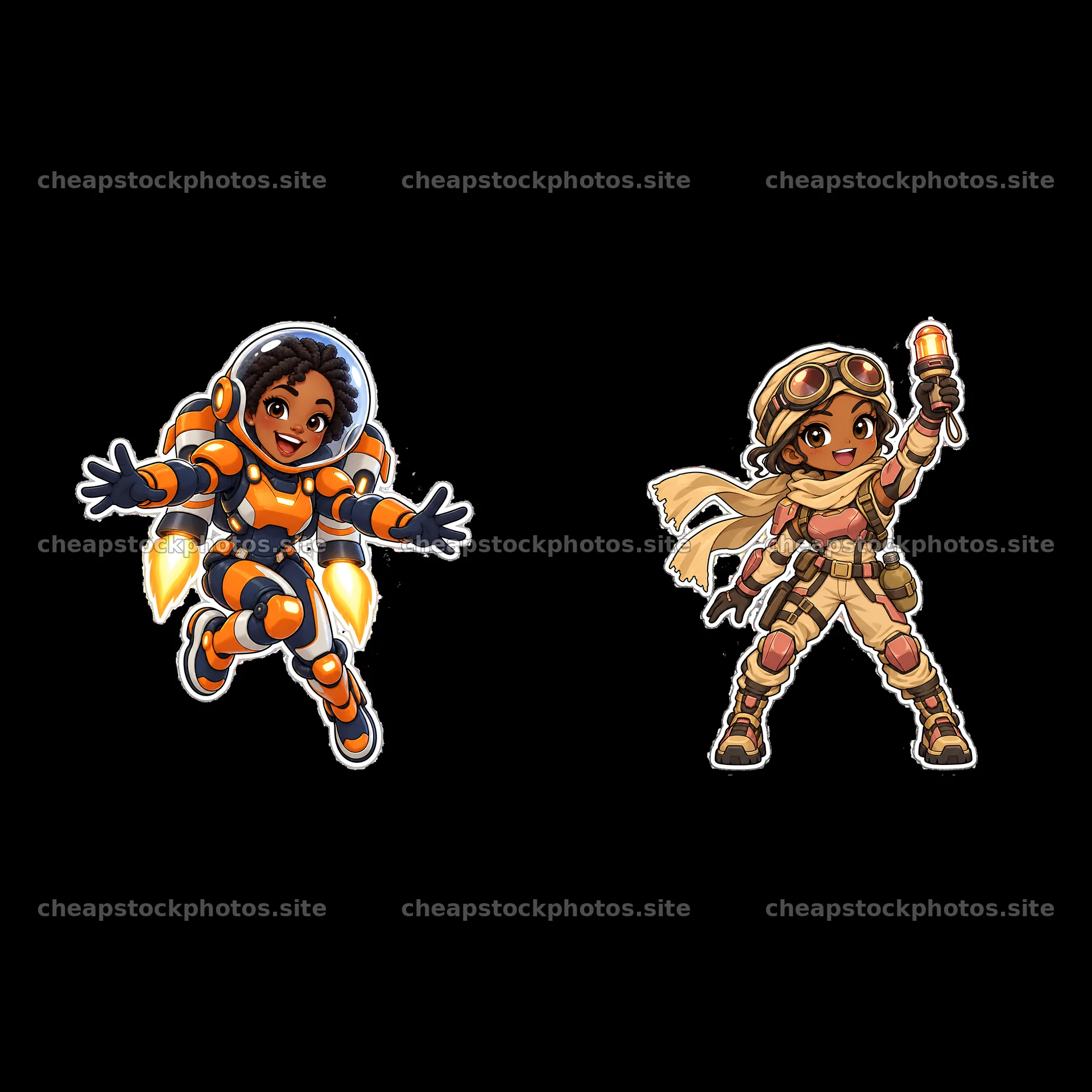 Kawaii futuristic super-soldier characters in action – stock photos 7746x7746