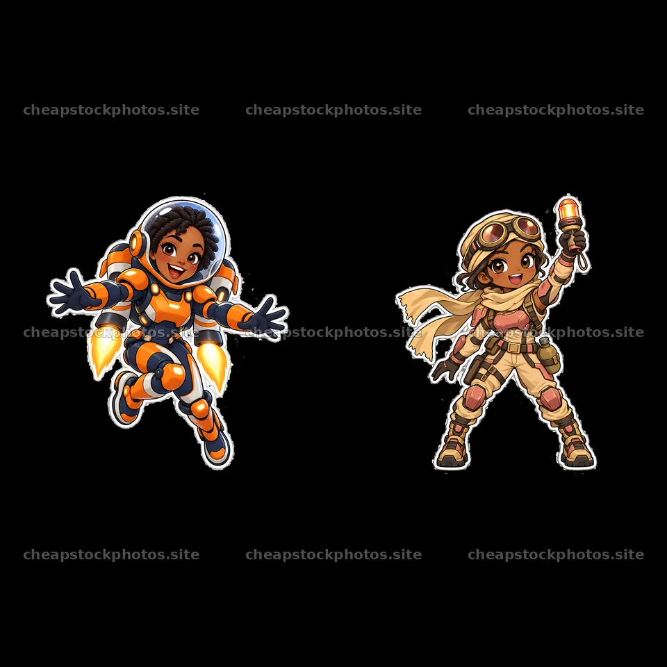 Kawaii futuristic super-soldier characters in action – stock photos 7746x7746