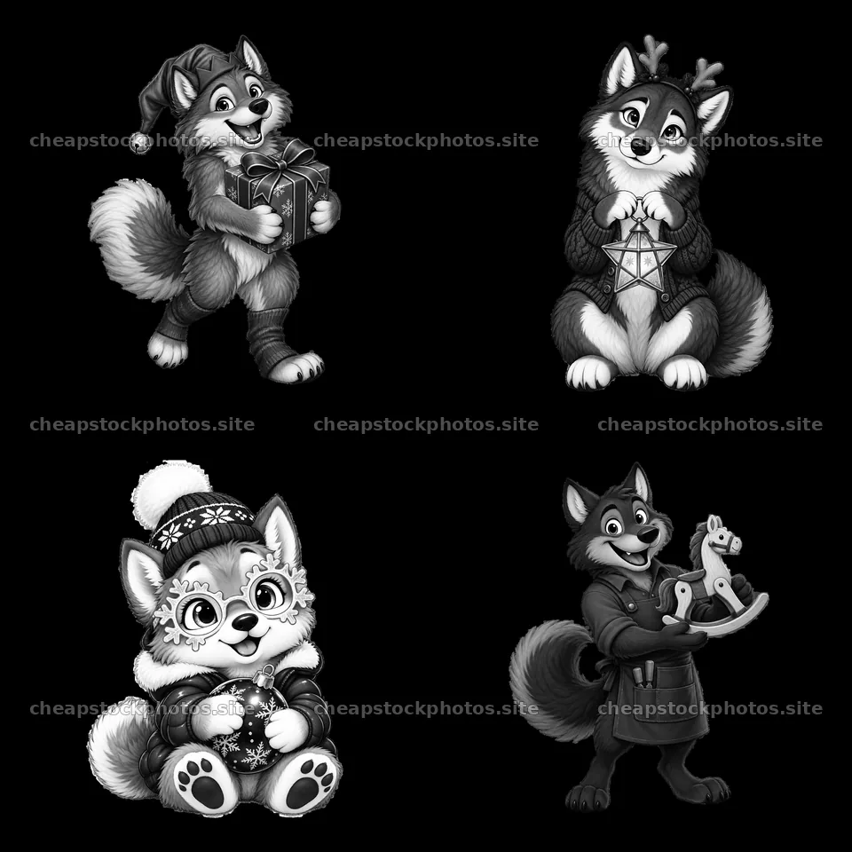 Christmas wolves with gifts and decorations in a 2x2 layout – stock photos 7746x7746