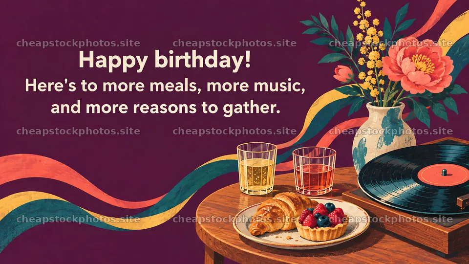 Birthday Brunch Greeting with Flowers and Vinyl – stock photos 10324x5812