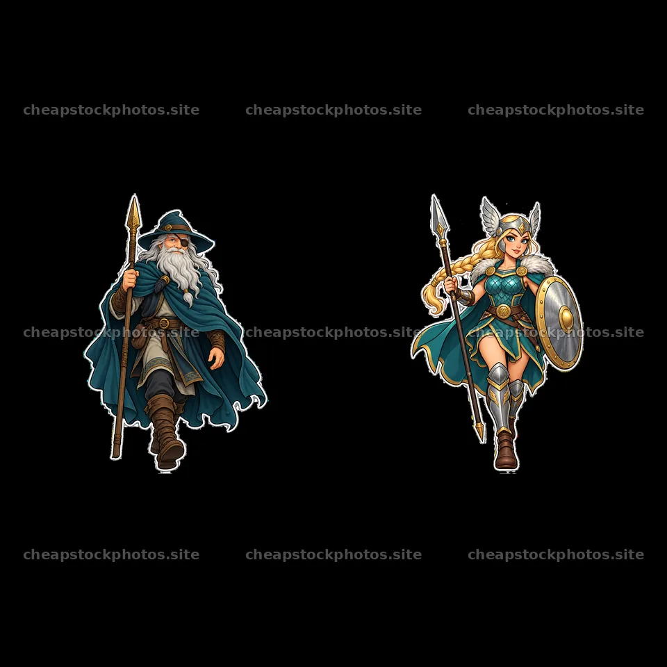 Odin and Valkyrie characters walking with weapons in a cartoon style – stock photos 7746x7746