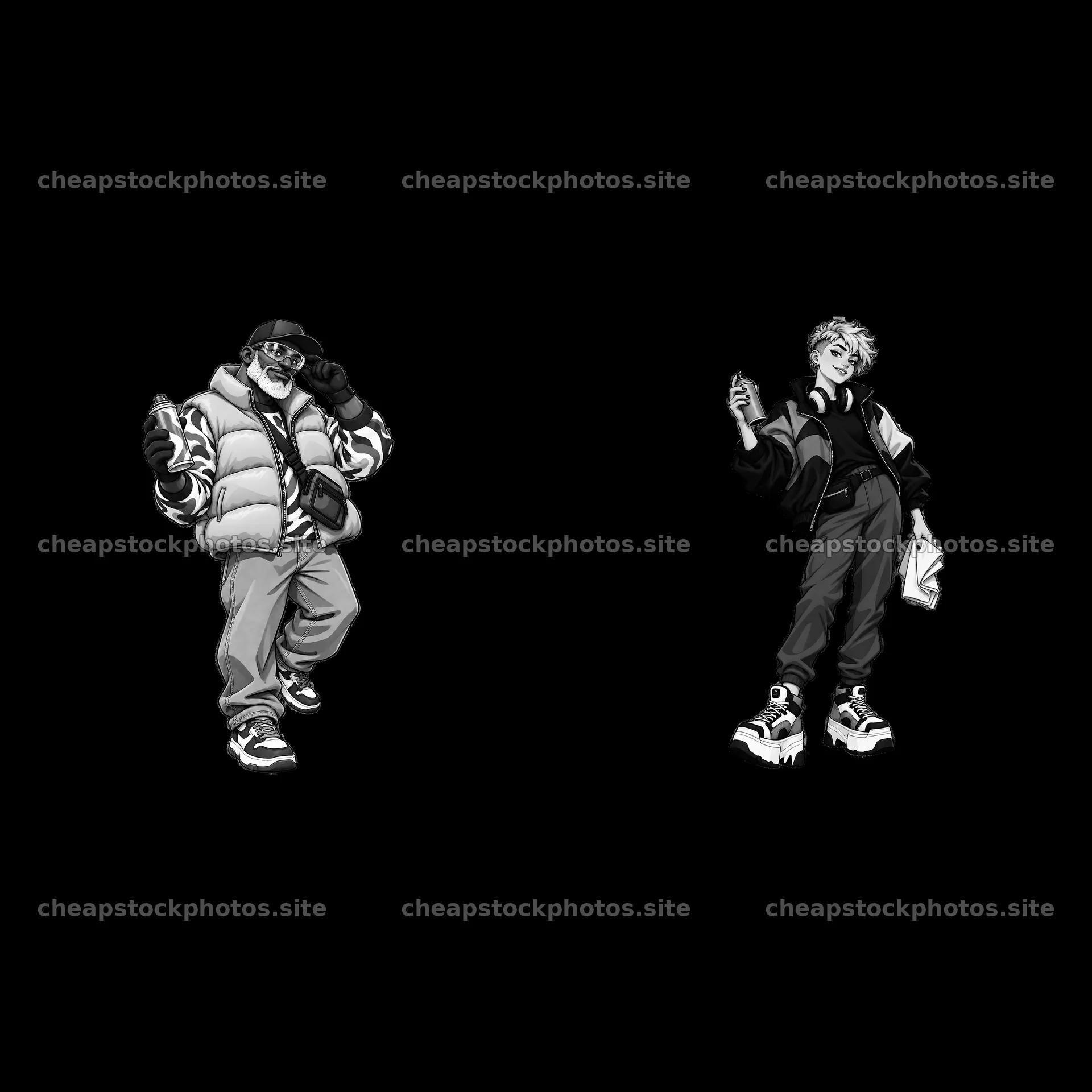 Cartoon stickers of two urban streetwear graffiti sprayers – stock photos 7746x7746