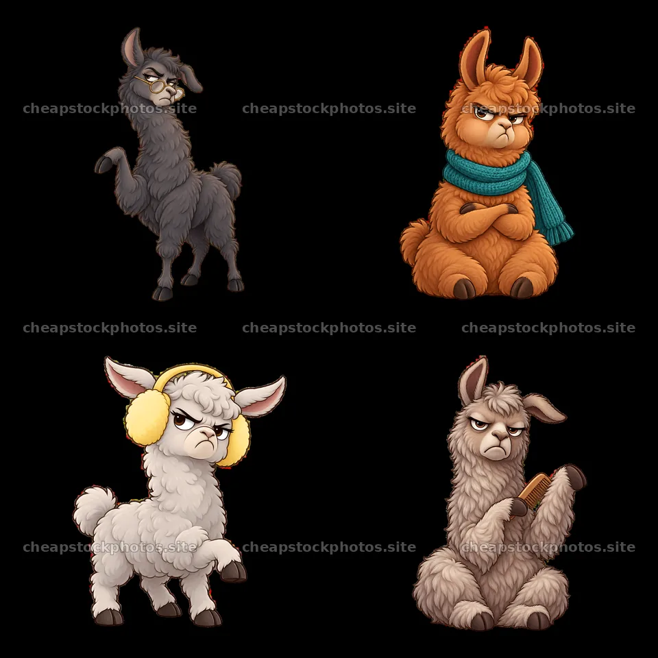 Grumpy llamas in four different expressions and poses – stock photos 7746x7746