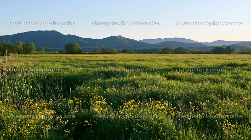 Saga floodplain meadow with reed foreground and hills in distance – stock photos 10608x5938