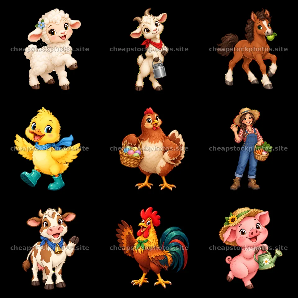 Colorful farm animals and farmer in a 3x3 sticker layout – stock photos 7746x7746
