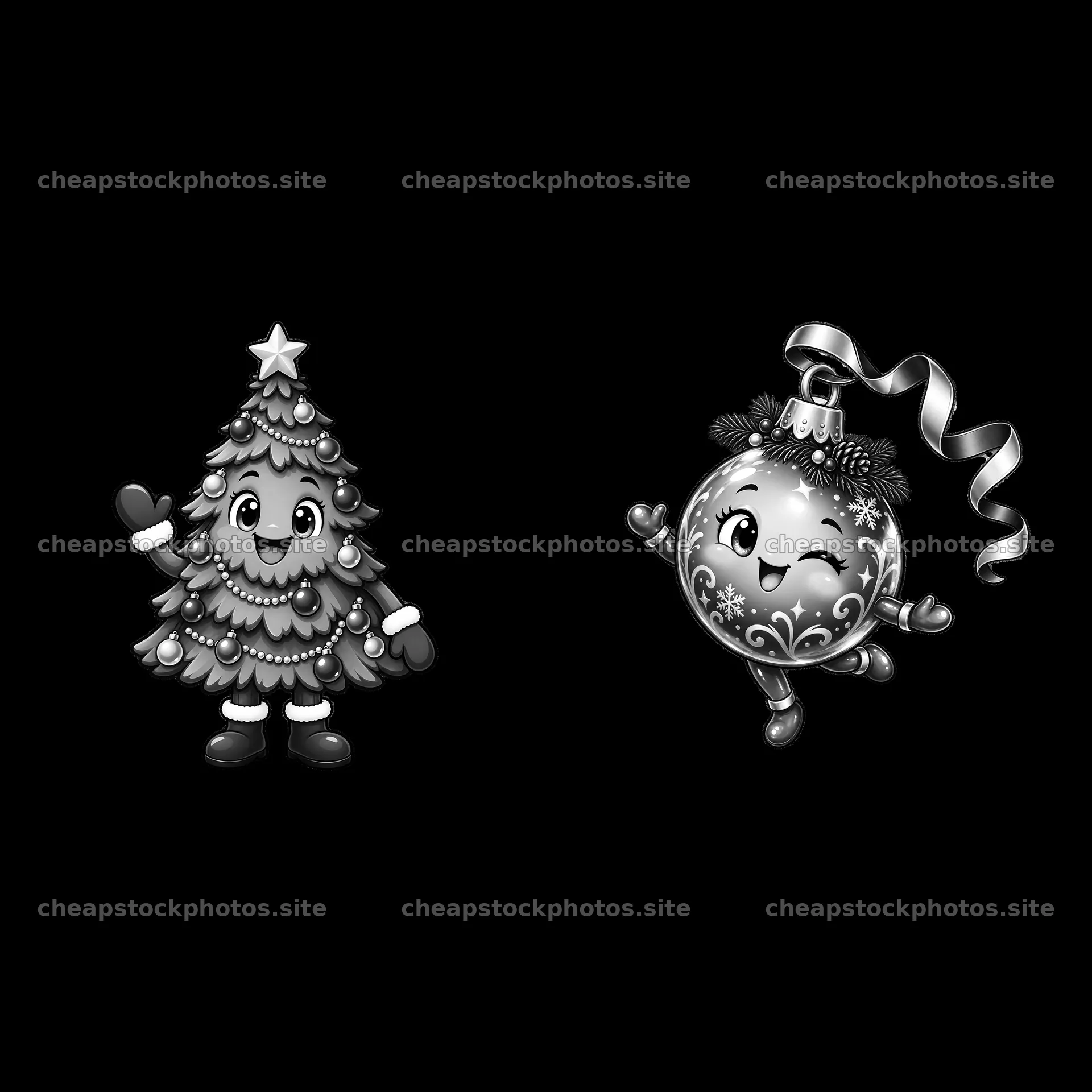 Cartoon Christmas tree and ornament characters in black and white – stock photos 7746x7746