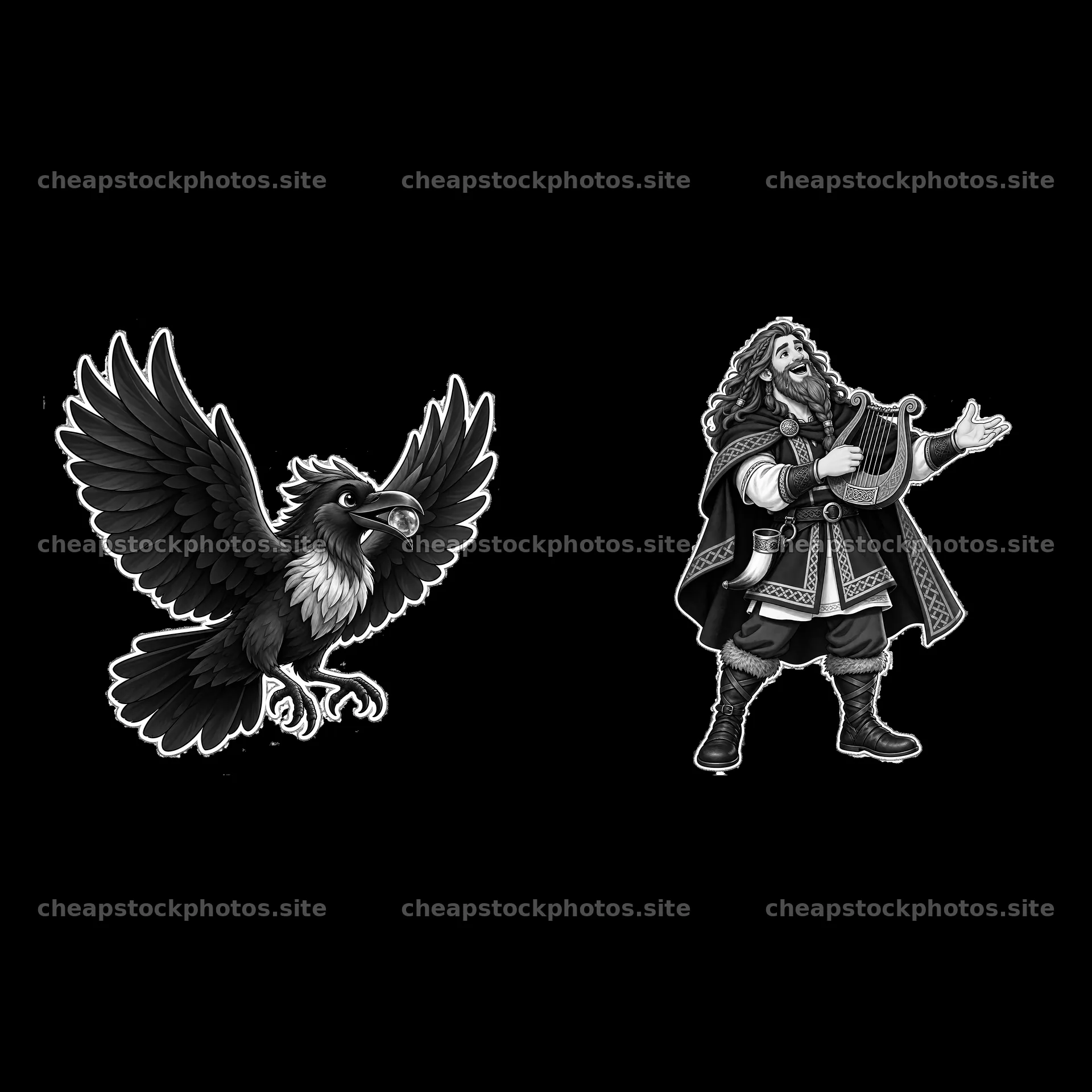Odin with a raven and a figure playing a harp – stock photos 7746x7746