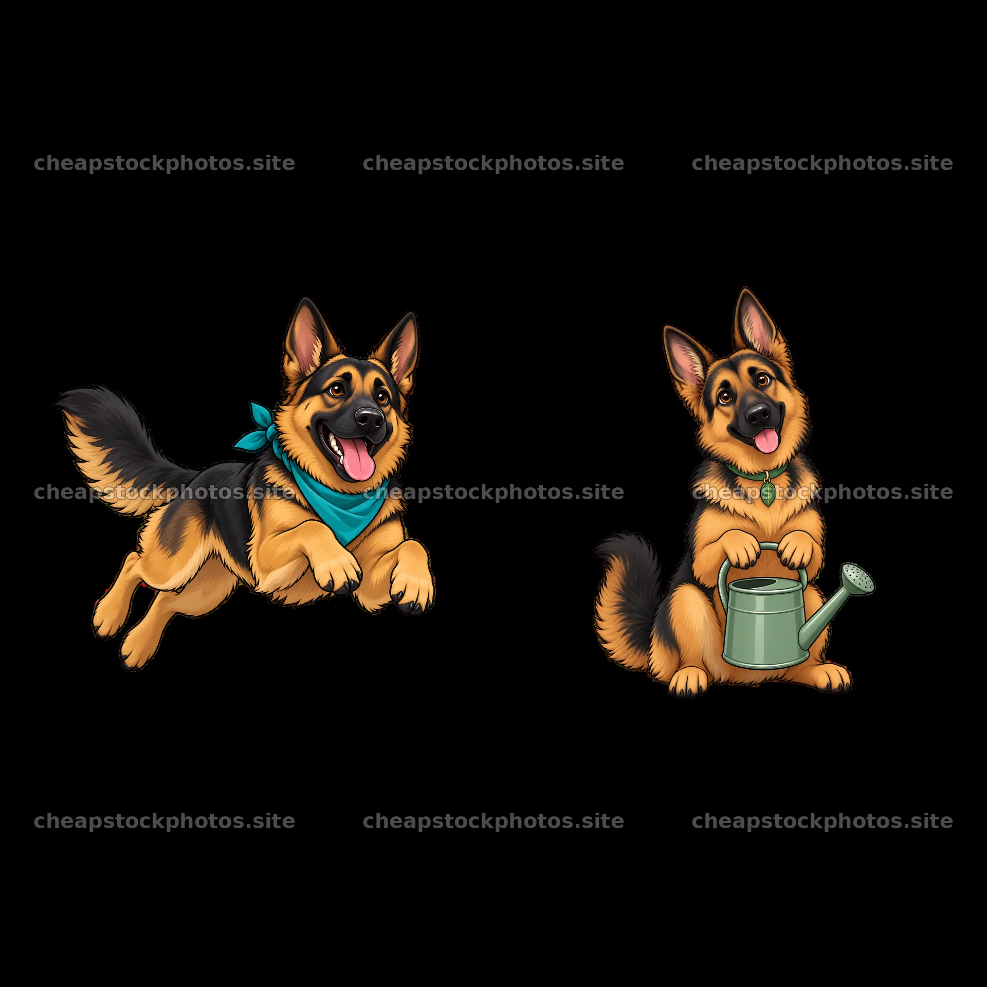 German Shepherd dog with bandana jumping and watering plant – stock photos 7746x7746