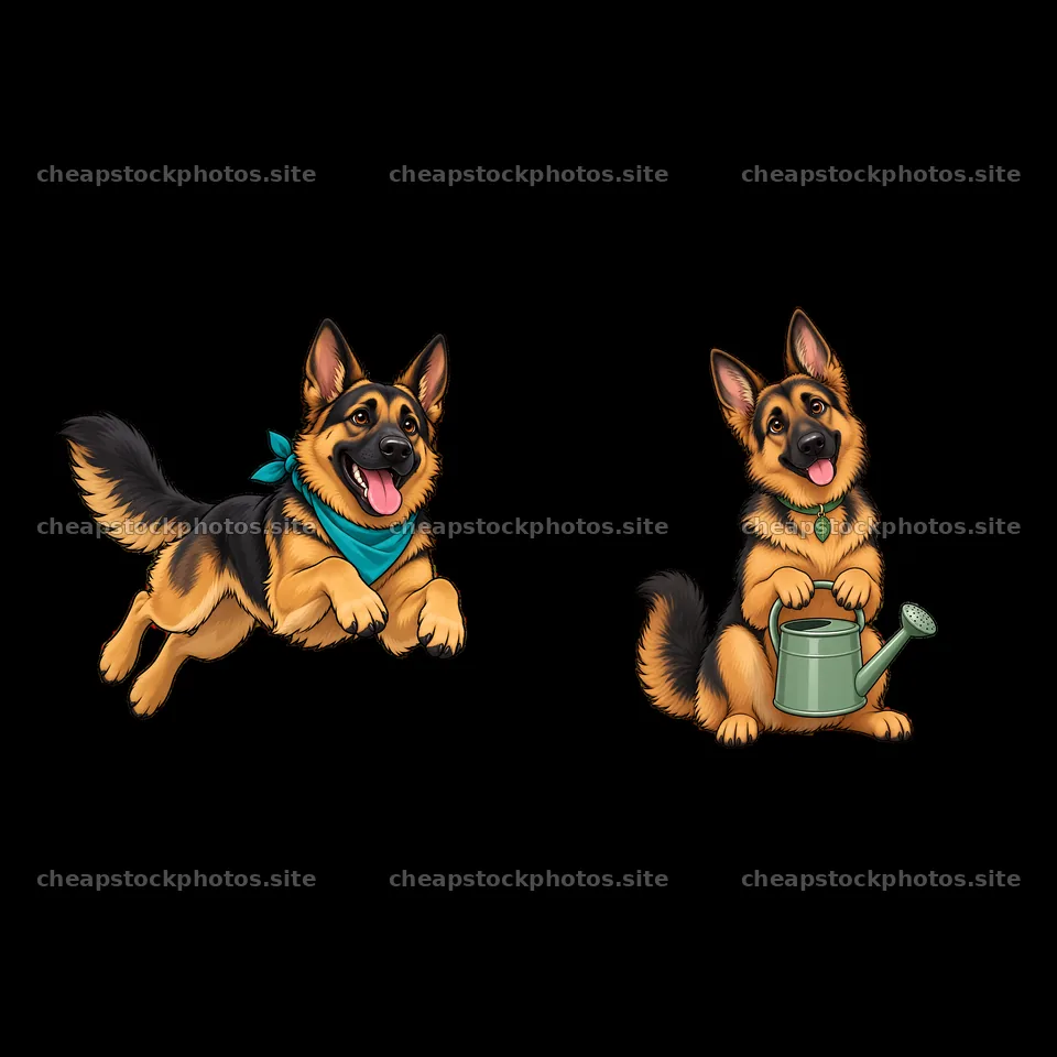 German Shepherd dog with bandana jumping and watering plant – stock photos 7746x7746