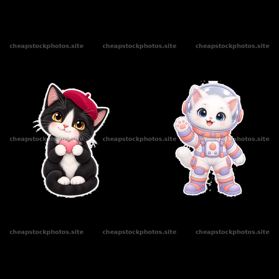 Kawaii cat duo with heart and astronaut in colorful costumes – stock photos 7746x7746