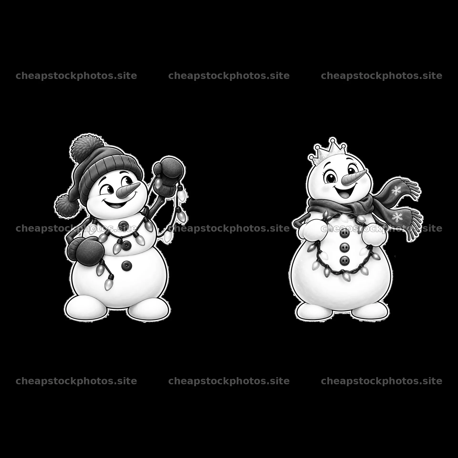 Snowmen holding string lights in festive poses – stock photos 7746x7746