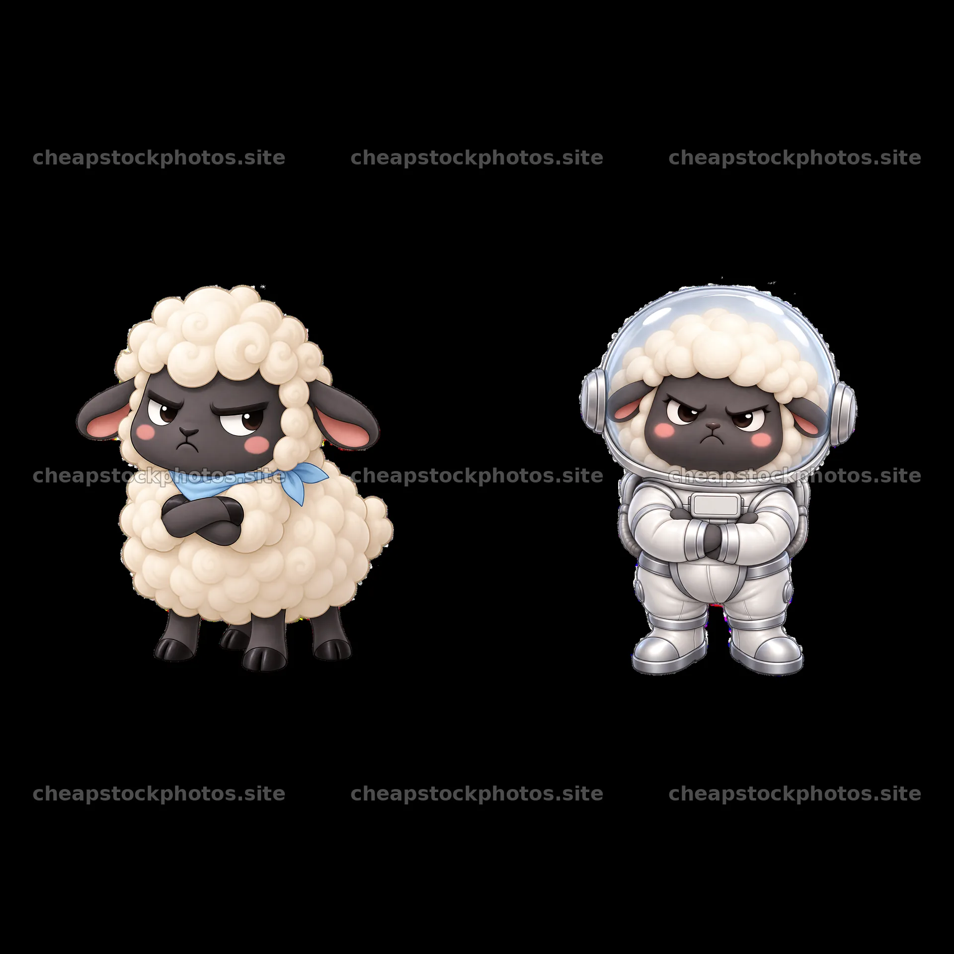 Kawaii grumpy sheep character and astronaut version side by side – stock photos 7746x7746