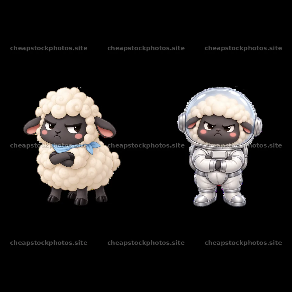 Kawaii grumpy sheep character and astronaut version side by side – stock photos 7746x7746