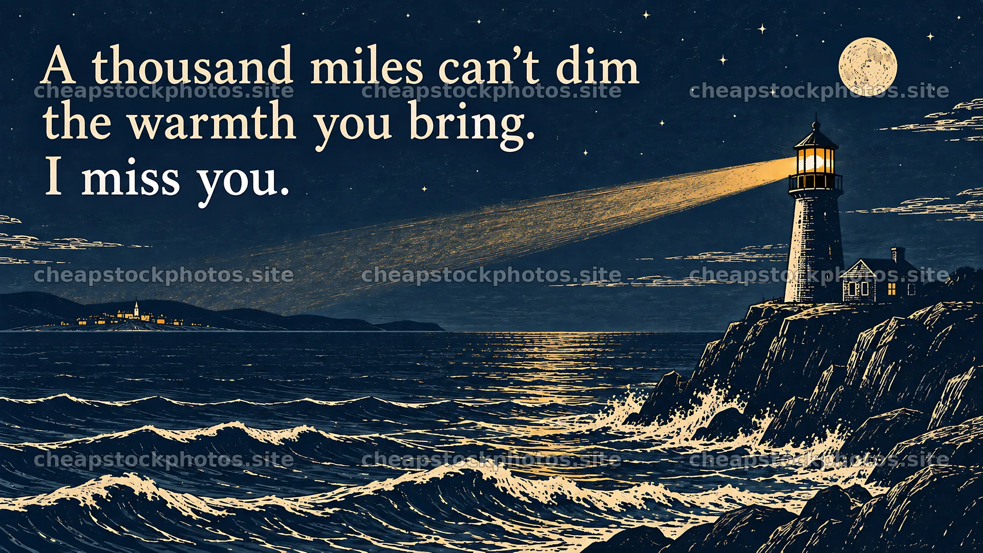 I Miss You Greeting with a Moonlit Lighthouse – stock photos 10324x5812