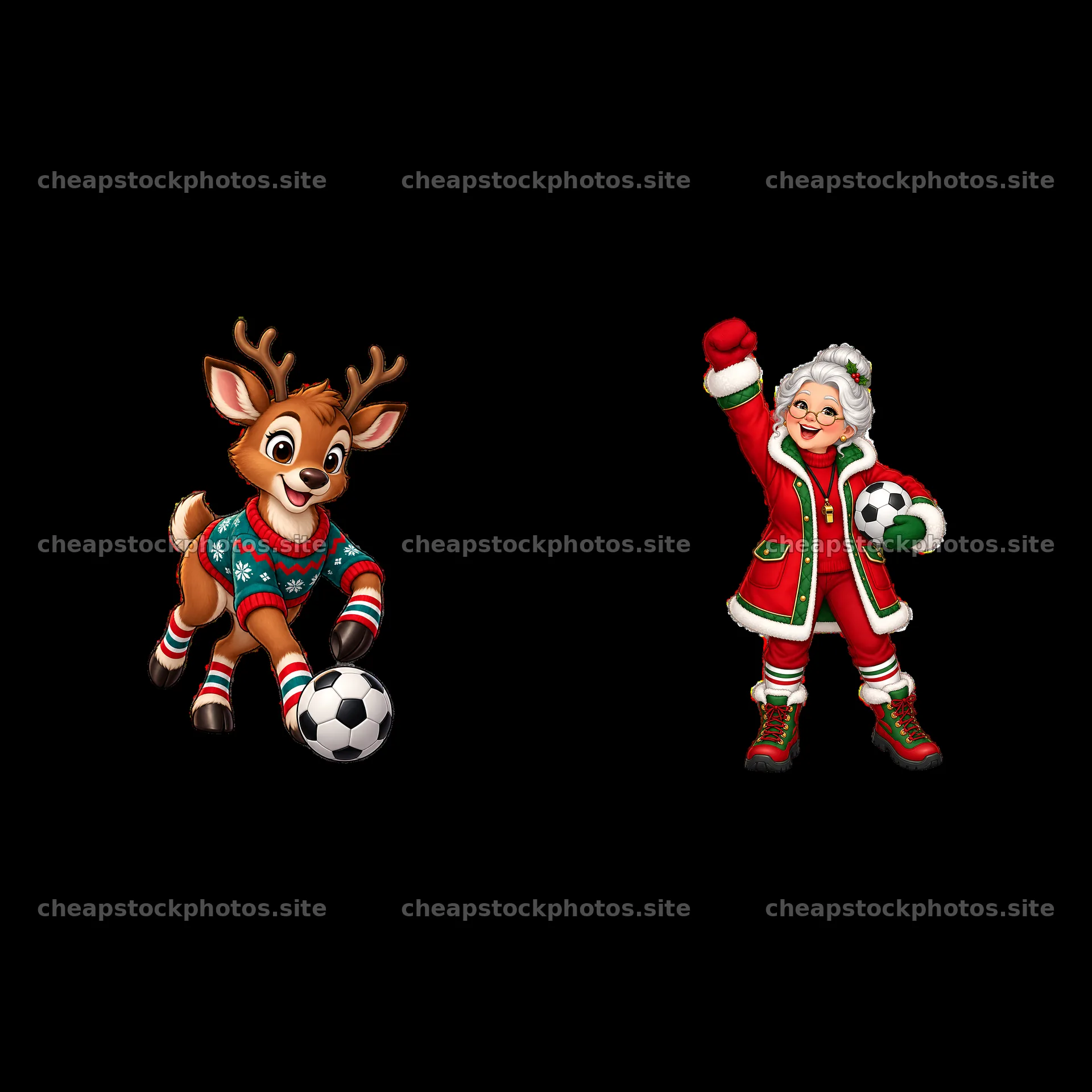Reindeer and Santa celebrating Christmas soccer fun – stock photos 7746x7746
