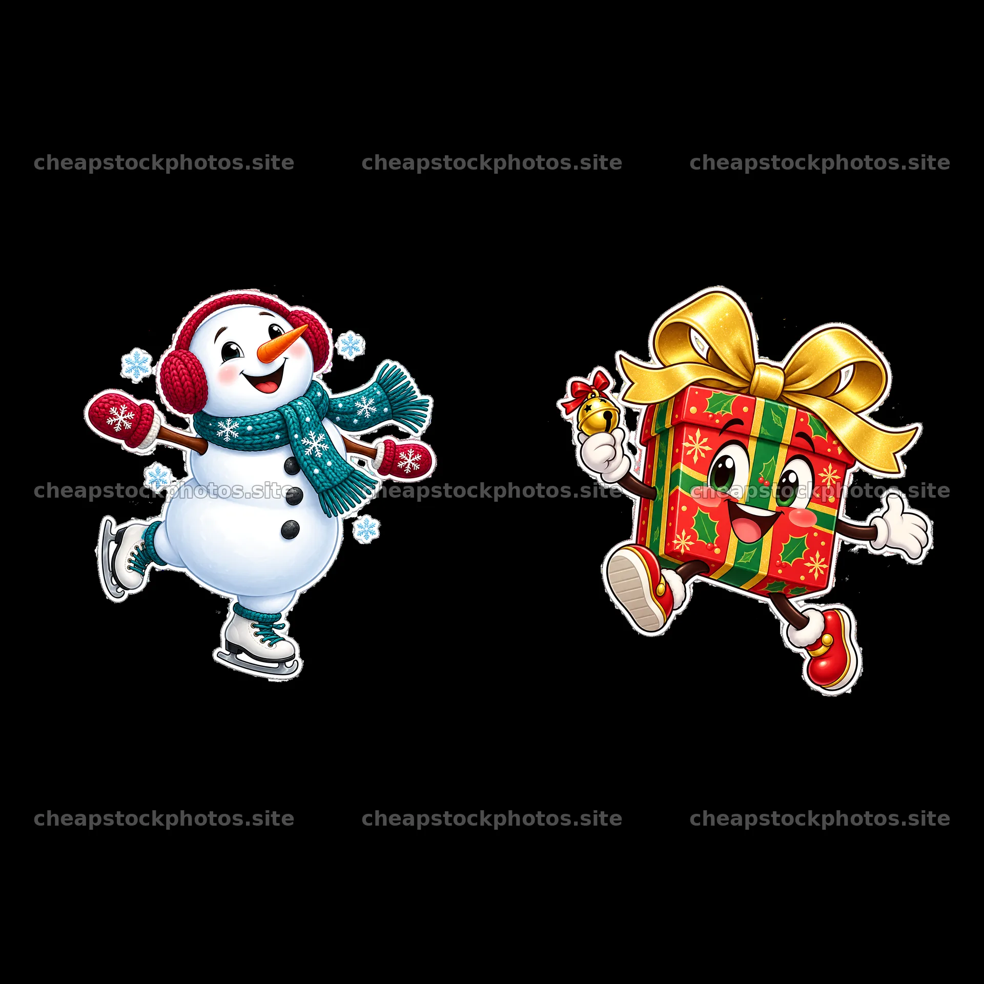 Snowman ice skating with a festive gift character for Christmas – stock photos 7746x7746