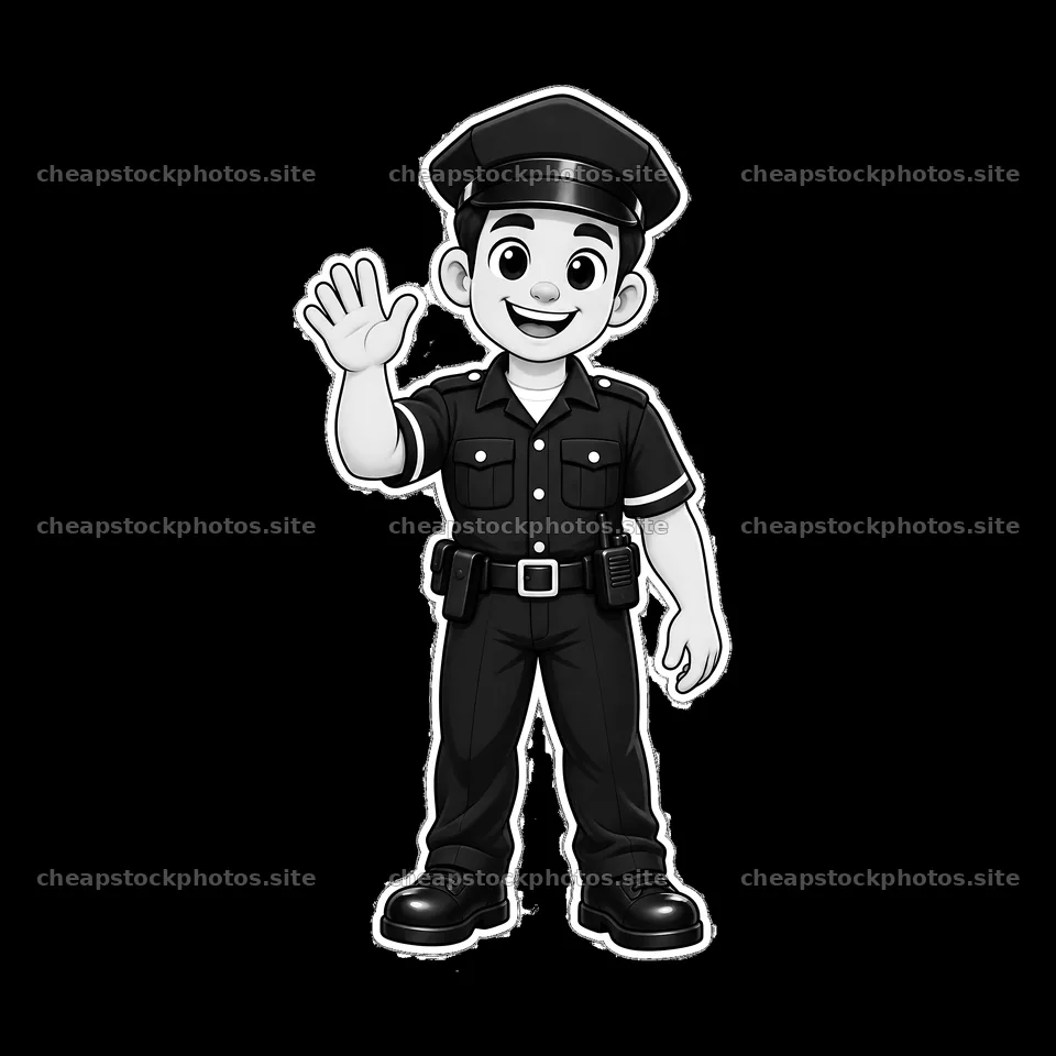 Police officer waving with a friendly gesture in black and white – stock photos 7746x7746