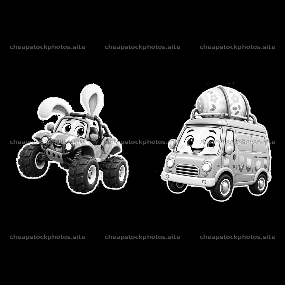 Cartoon bunny car and Easter van with decorative egg – stock photos 7746x7746