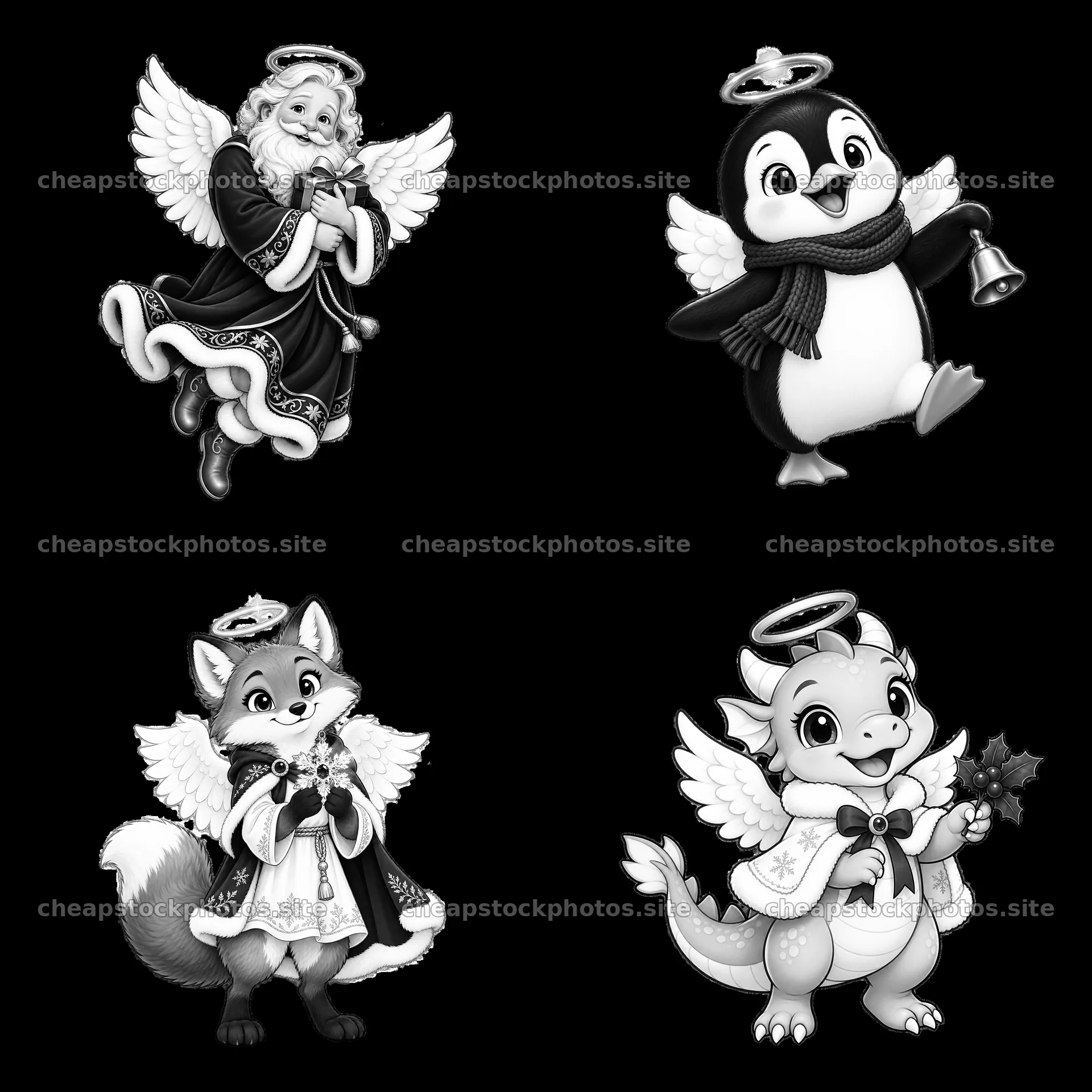 Christmas angel characters in a 2x2 cartoon sticker layout – stock photos 7746x7746