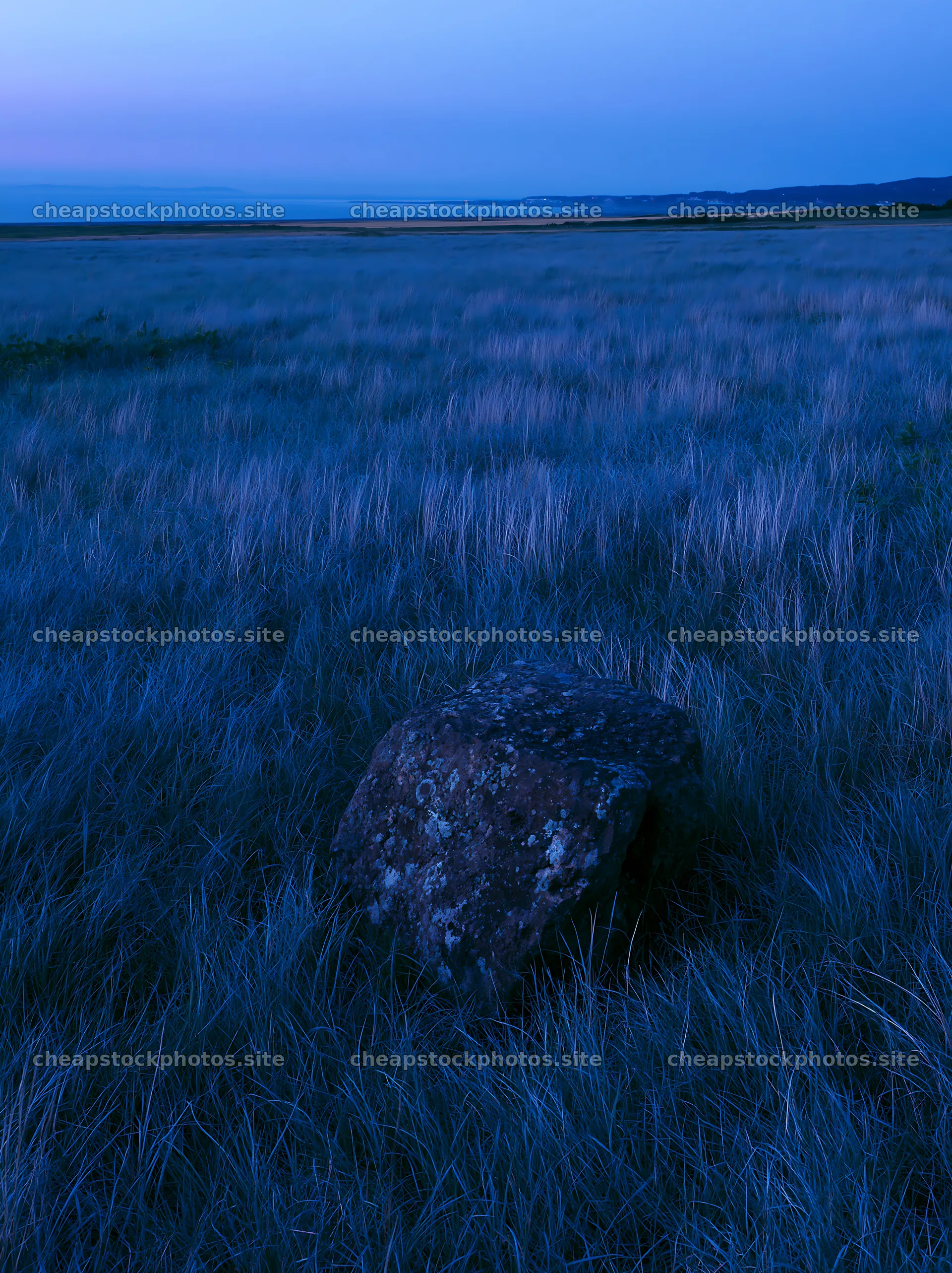 Aomori climate resilient meadow with boulder at dusk – stock photos 6866x9174