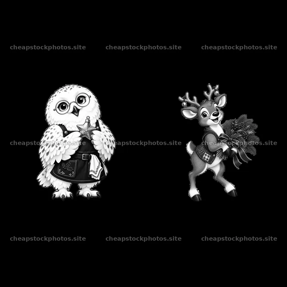 Owl with star and reindeer holding wreath illustration – stock photos 7746x7746